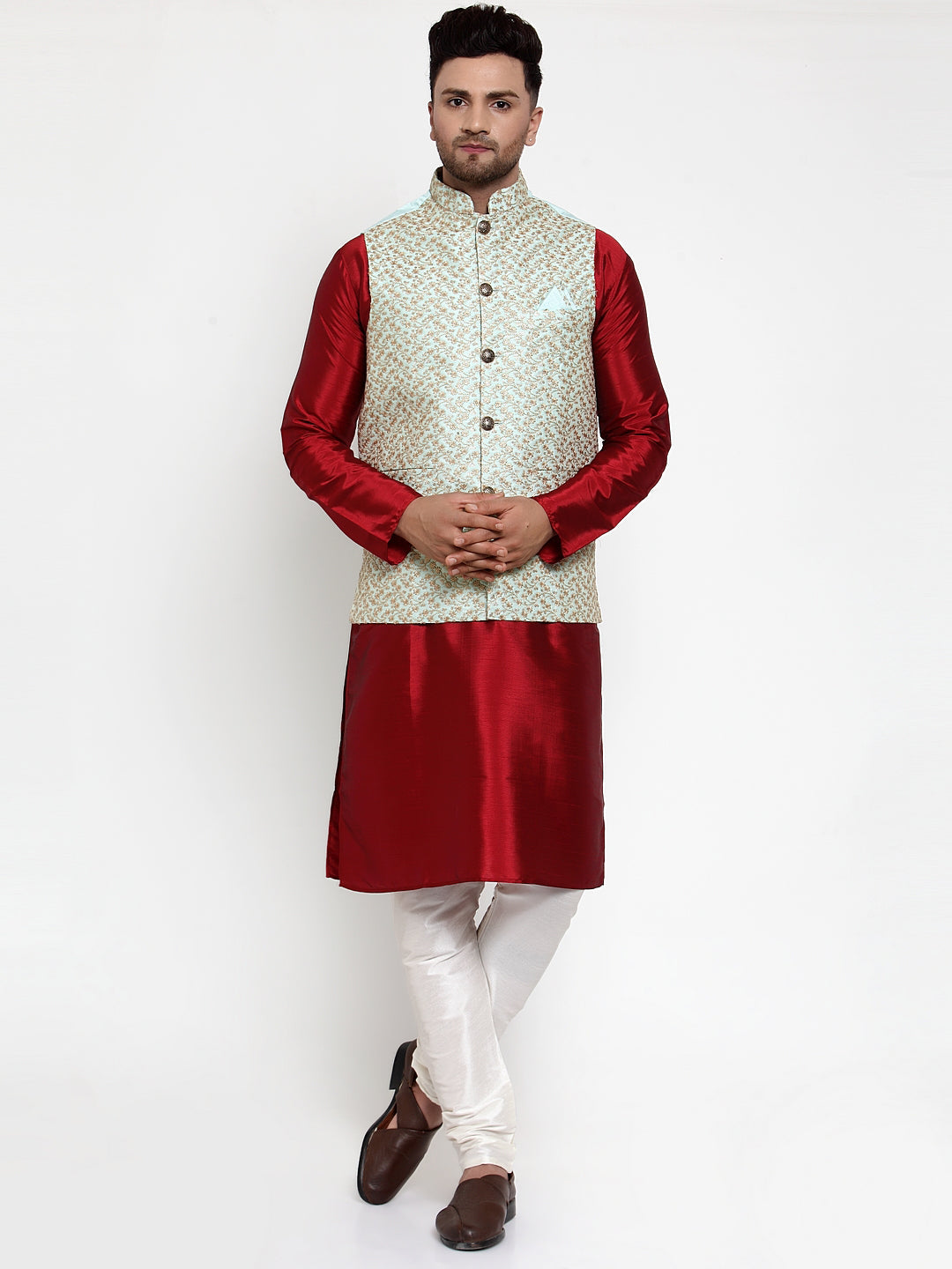 Jompers Men's Solid Dupion Kurta Pajama with Embroidered Nehru Jacket (Sky)