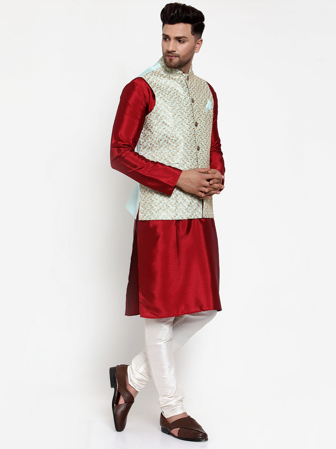 Jompers Men's Solid Dupion Kurta Pajama with Embroidered Nehru Jacket (Sky)