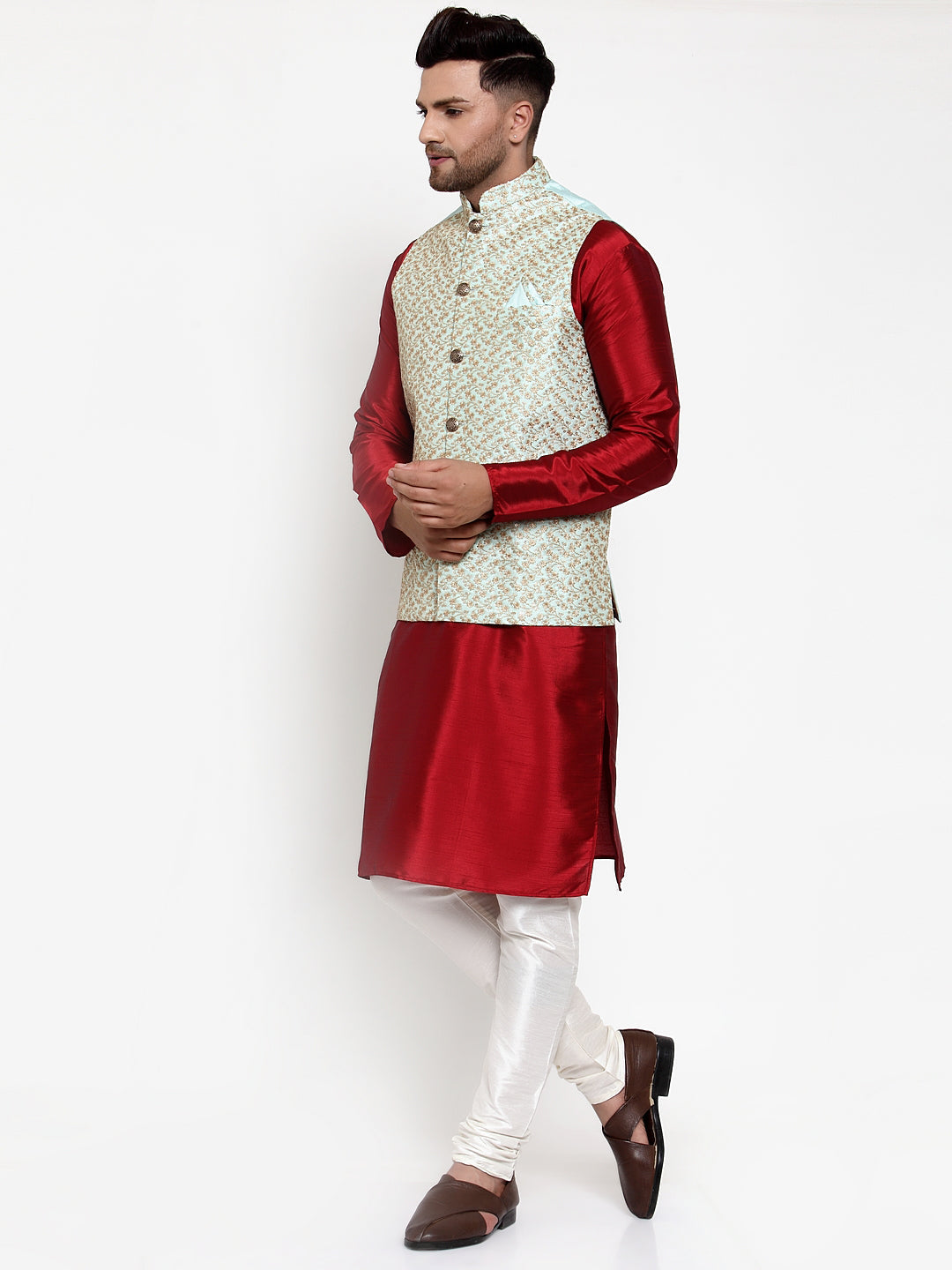 Jompers Men's Solid Dupion Kurta Pajama with Embroidered Nehru Jacket (Sky)