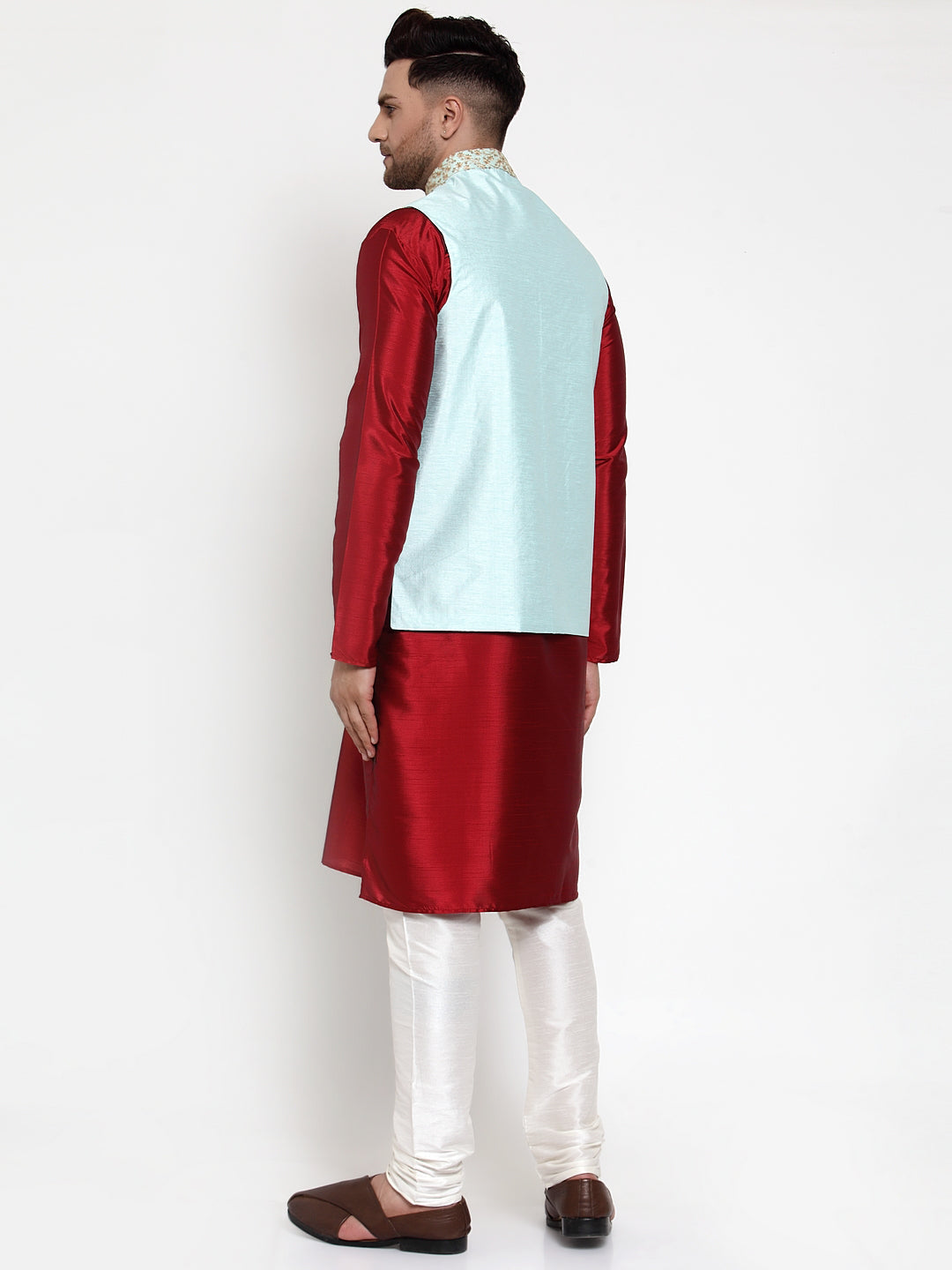 Jompers Men's Solid Dupion Kurta Pajama with Embroidered Nehru Jacket (Sky)