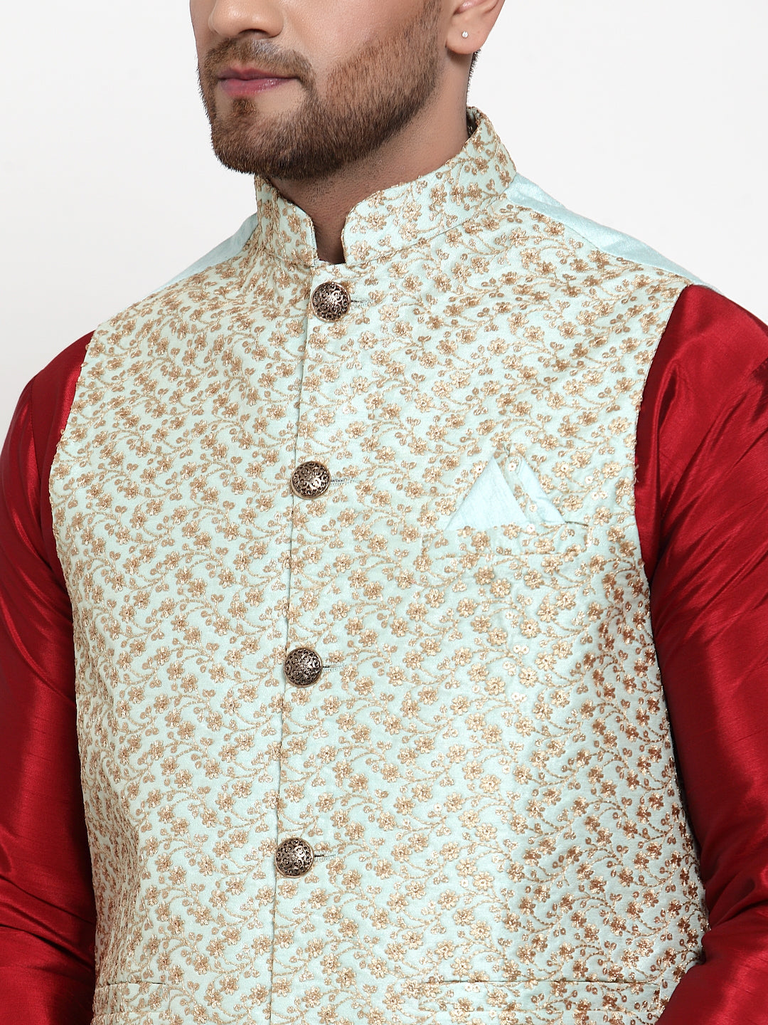 Jompers Men's Solid Dupion Kurta Pajama with Embroidered Nehru Jacket (Sky)