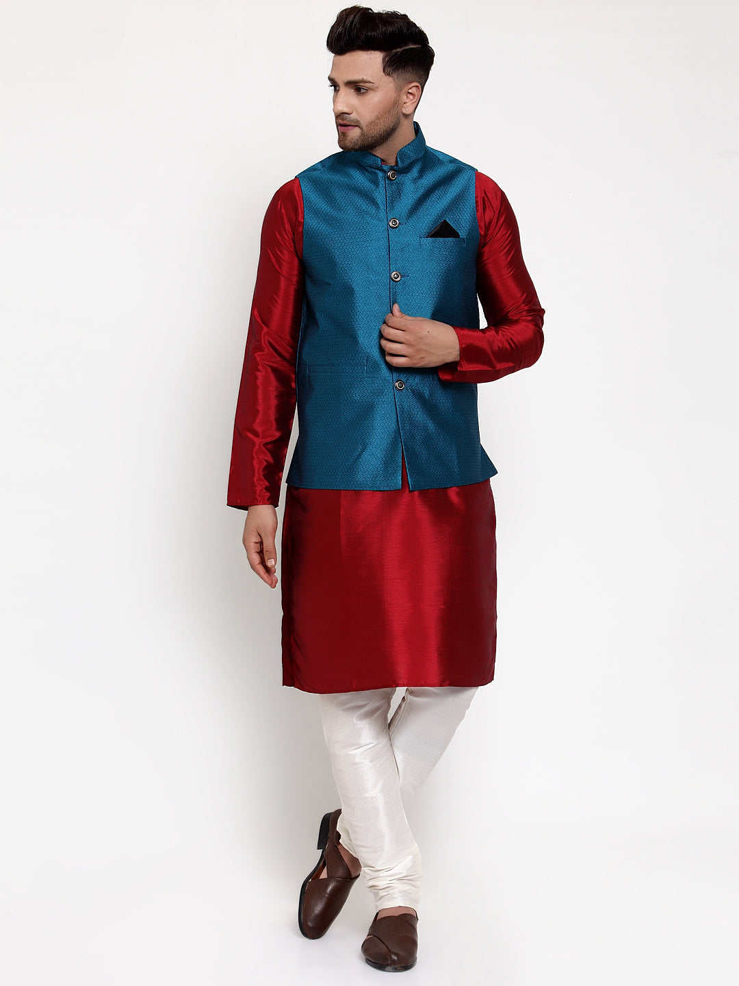 Jompers Men's Solid Dupion Kurta Pajama with Woven Nehru Jacket (Blue & Maroon)