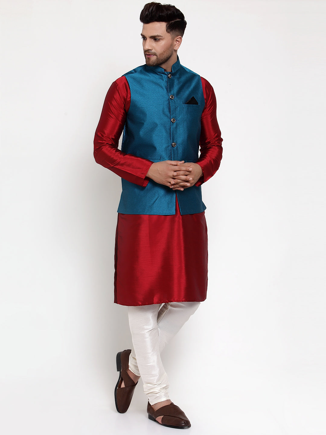 Jompers Men's Solid Dupion Kurta Pajama with Woven Nehru Jacket (Blue & Maroon)