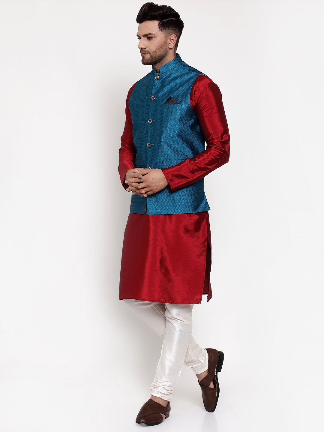Jompers Men's Solid Dupion Kurta Pajama with Woven Nehru Jacket (Blue & Maroon)