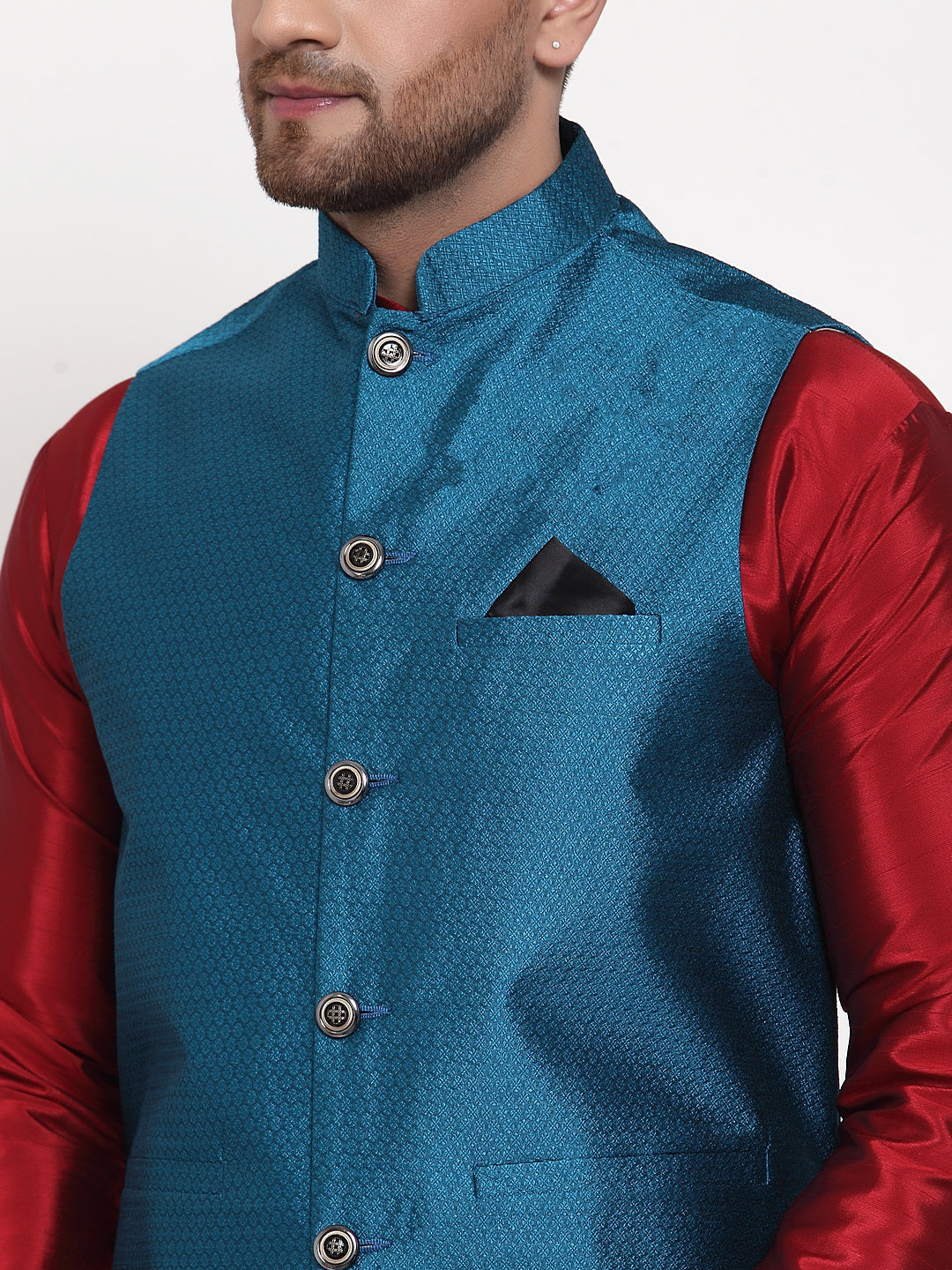 Jompers Men's Solid Dupion Kurta Pajama with Woven Nehru Jacket (Blue & Maroon)