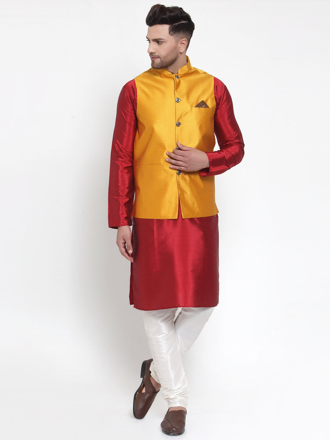 Jompers Men's Solid Dupion Kurta Pajama with Woven Nehru Jacket (Yellow)