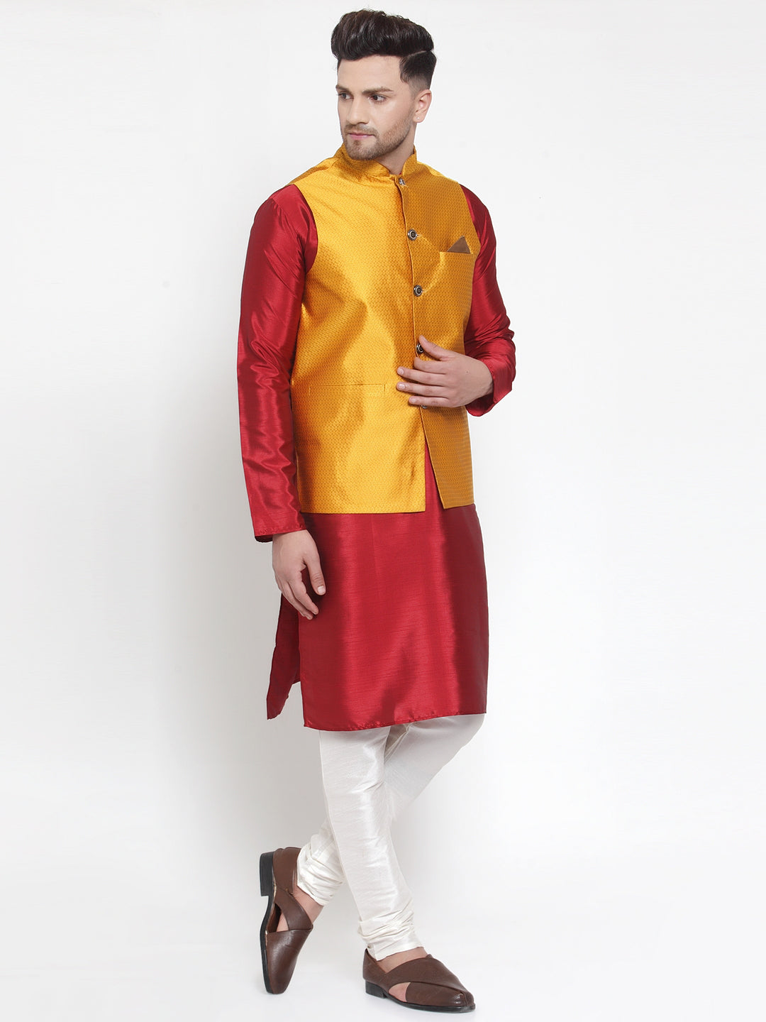 Jompers Men's Solid Dupion Kurta Pajama with Woven Nehru Jacket (Yellow)