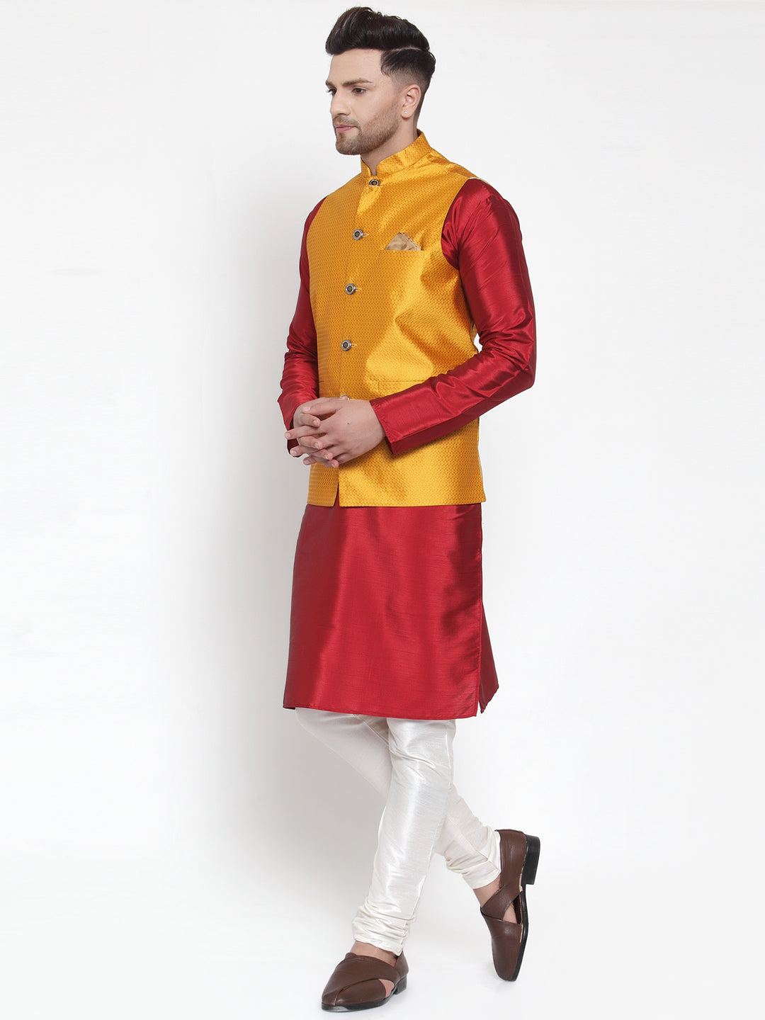 Jompers Men's Solid Dupion Kurta Pajama with Woven Nehru Jacket (Yellow)