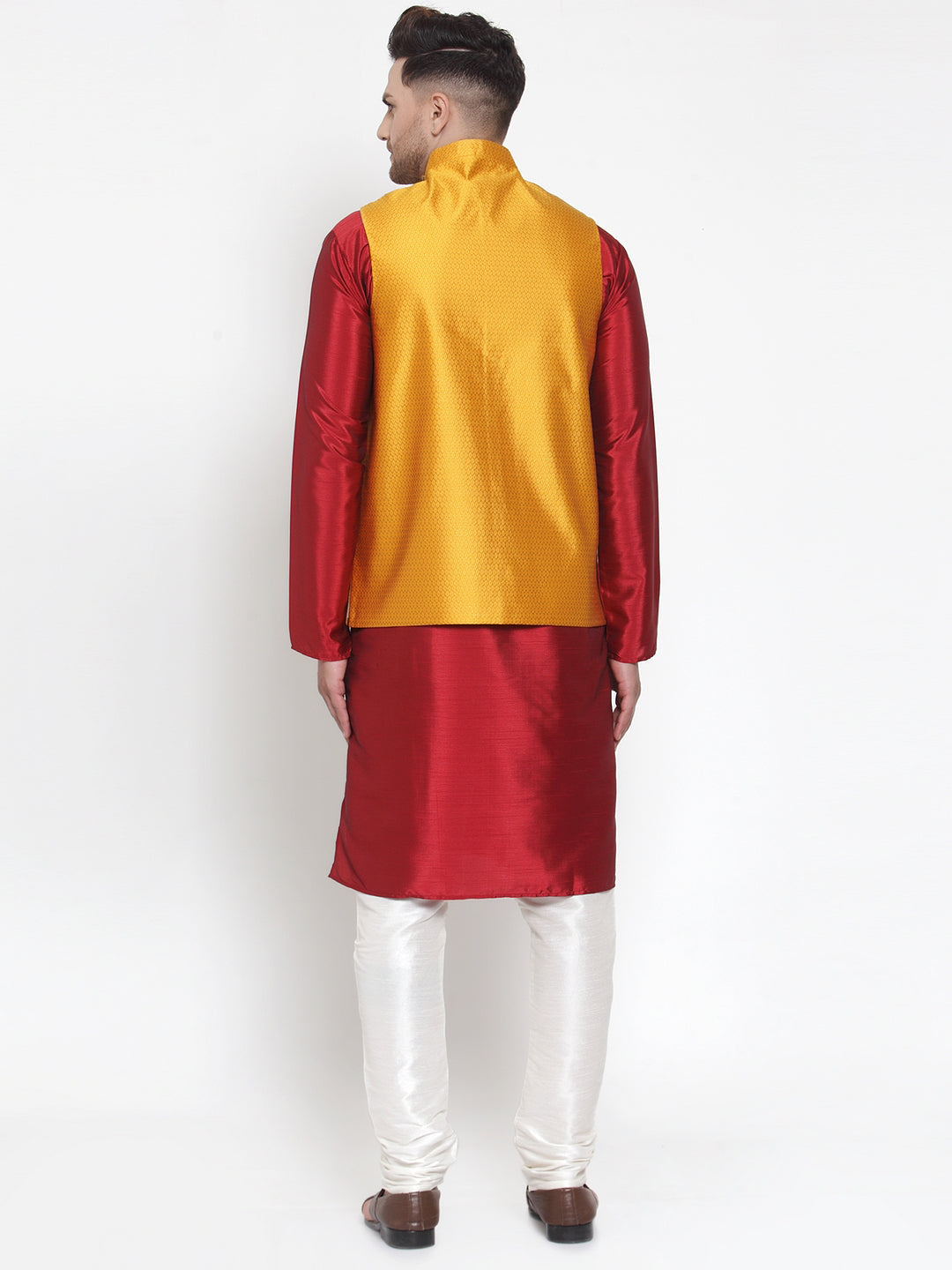 Jompers Men's Solid Dupion Kurta Pajama with Woven Nehru Jacket (Yellow)