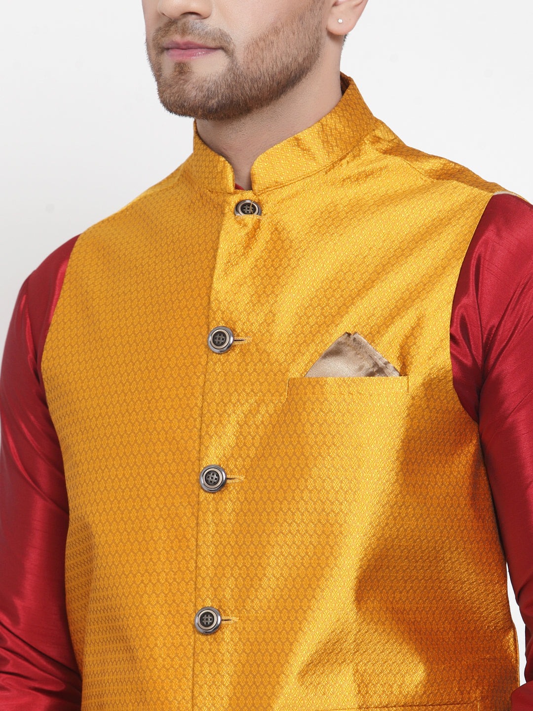 Jompers Men's Solid Dupion Kurta Pajama with Woven Nehru Jacket (Yellow)