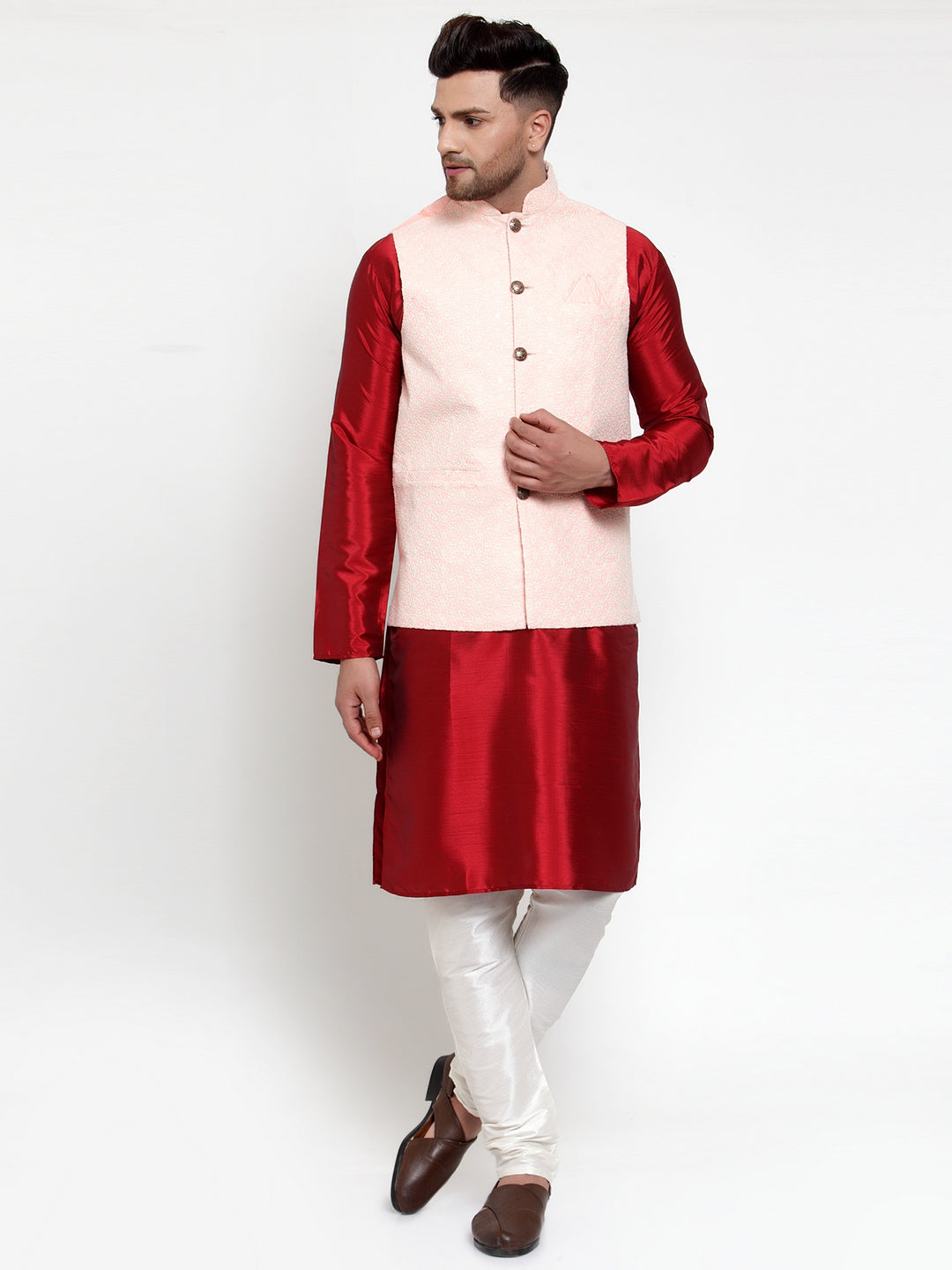 Jompers Men's Solid Dupion Kurta Pajama with Embroidered Pink Nehru Jacket