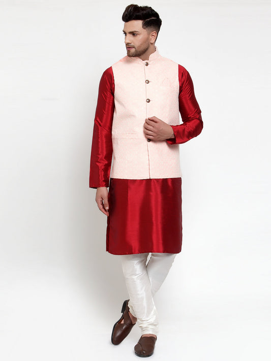 Jompers Men's Solid Dupion Kurta Pajama with Embroidered Pink Nehru Jacket