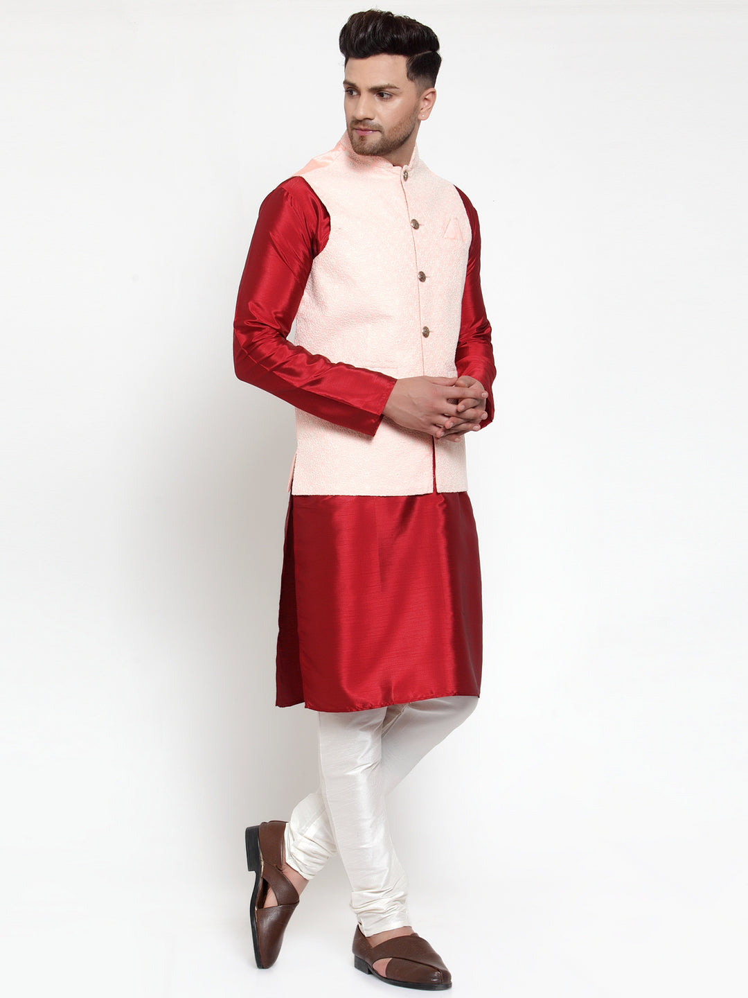Jompers Men's Solid Dupion Kurta Pajama with Embroidered Pink Nehru Jacket