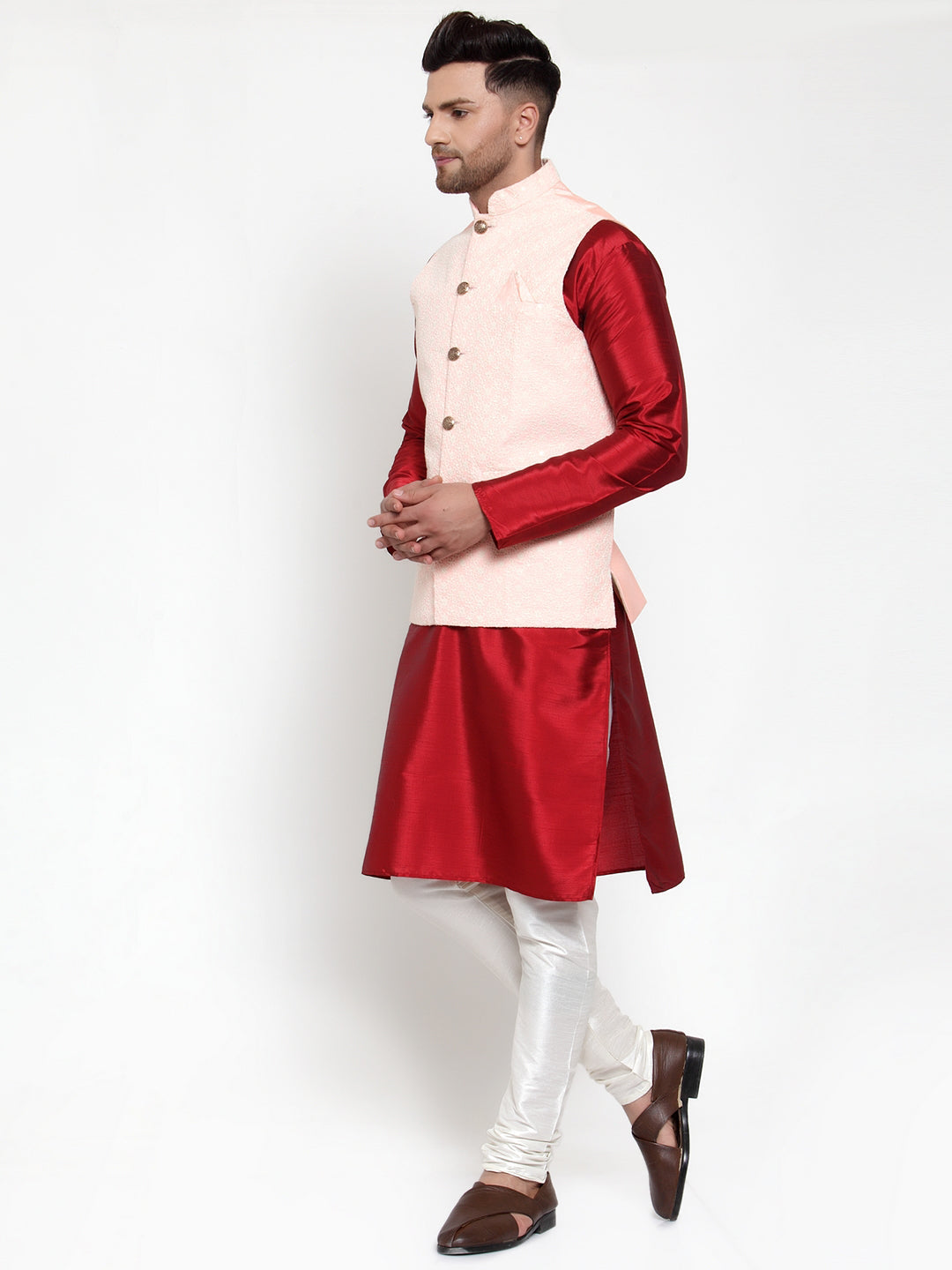 Jompers Men's Solid Dupion Kurta Pajama with Embroidered Pink Nehru Jacket