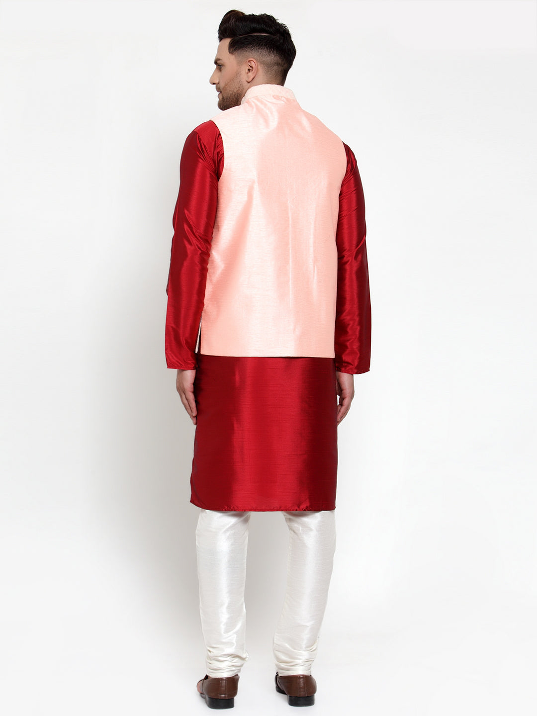 Jompers Men's Solid Dupion Kurta Pajama with Embroidered Pink Nehru Jacket