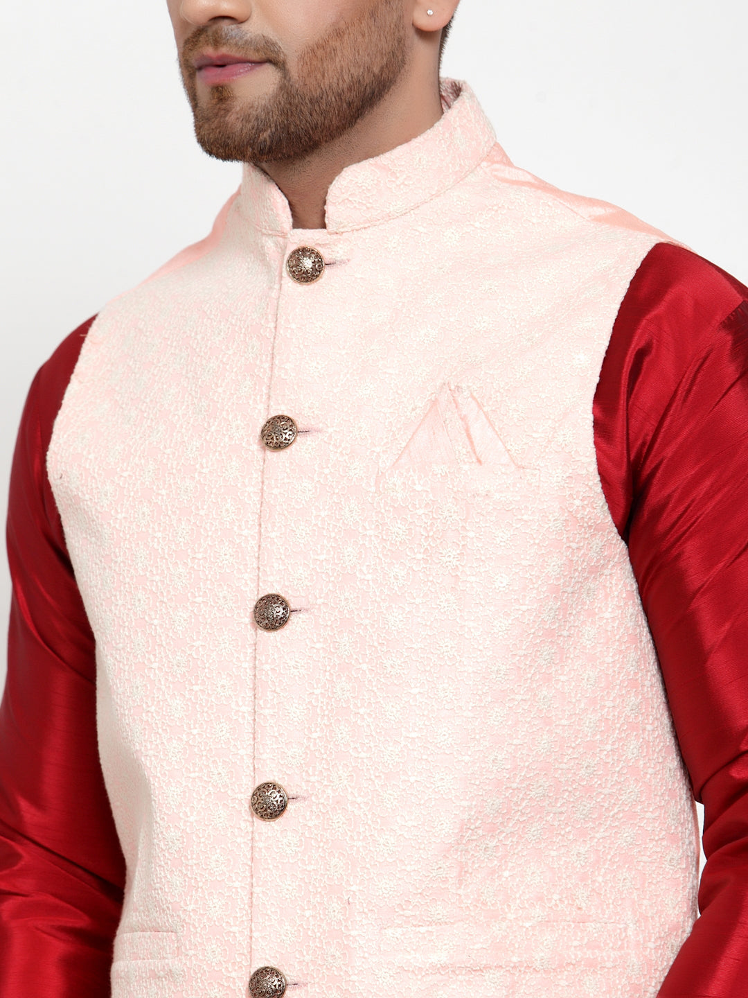 Jompers Men's Solid Dupion Kurta Pajama with Embroidered Pink Nehru Jacket