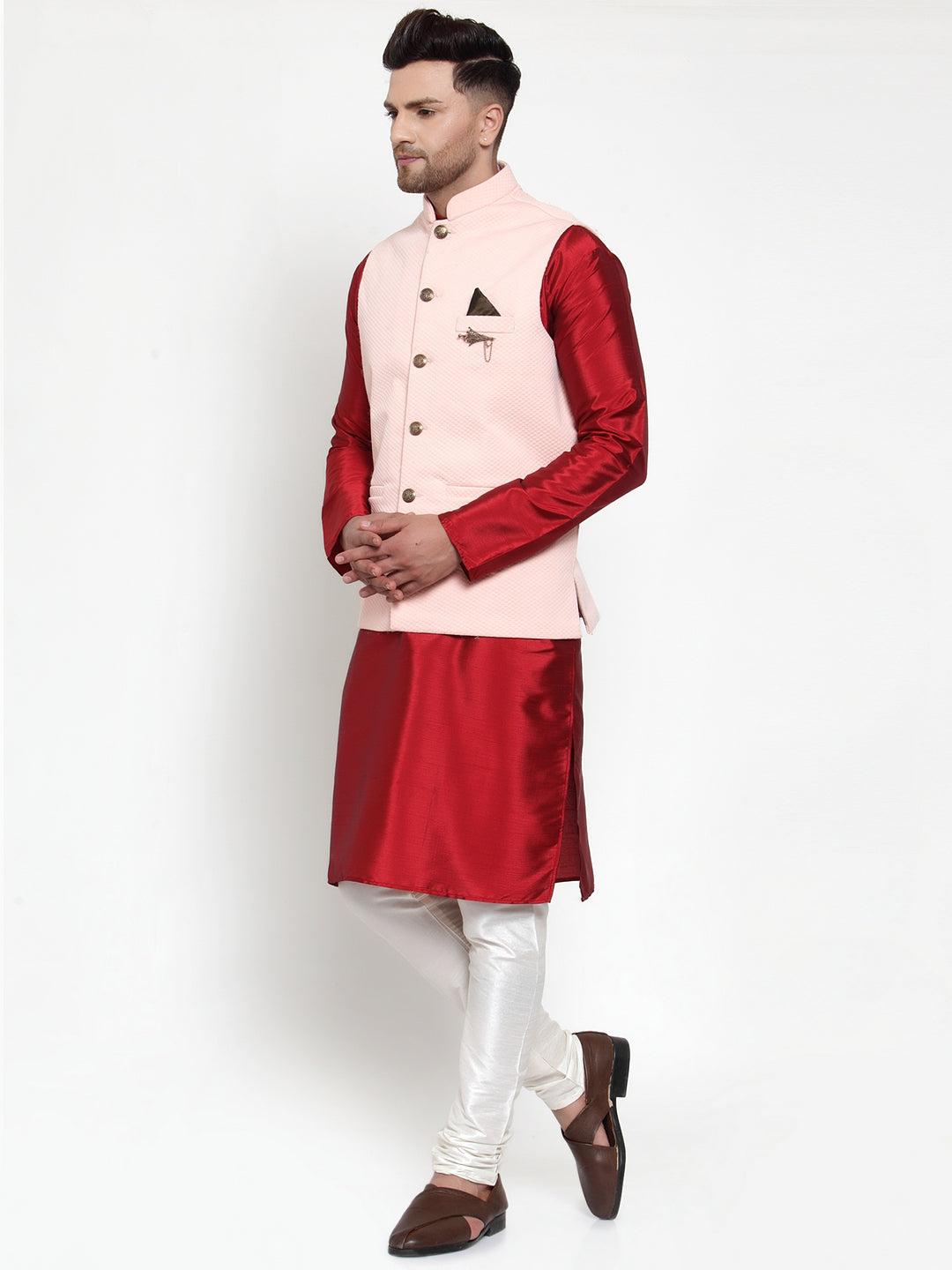 Jompers Men's Solid Dupion Kurta Pajama with Woven Nehru Jacket (Peach)