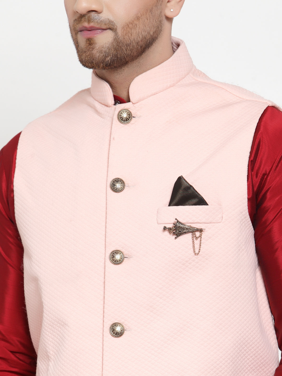 Jompers Men's Solid Dupion Kurta Pajama with Woven Nehru Jacket (Peach)
