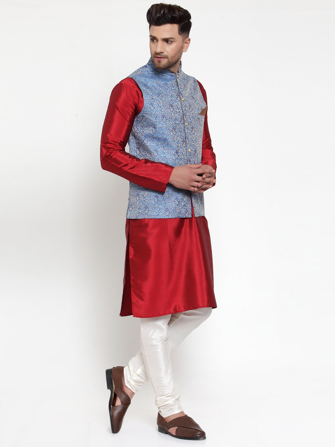 Jompers Men's Solid Dupion Kurta Pajama with Woven Jacqaurd Nehru Blue Jacket