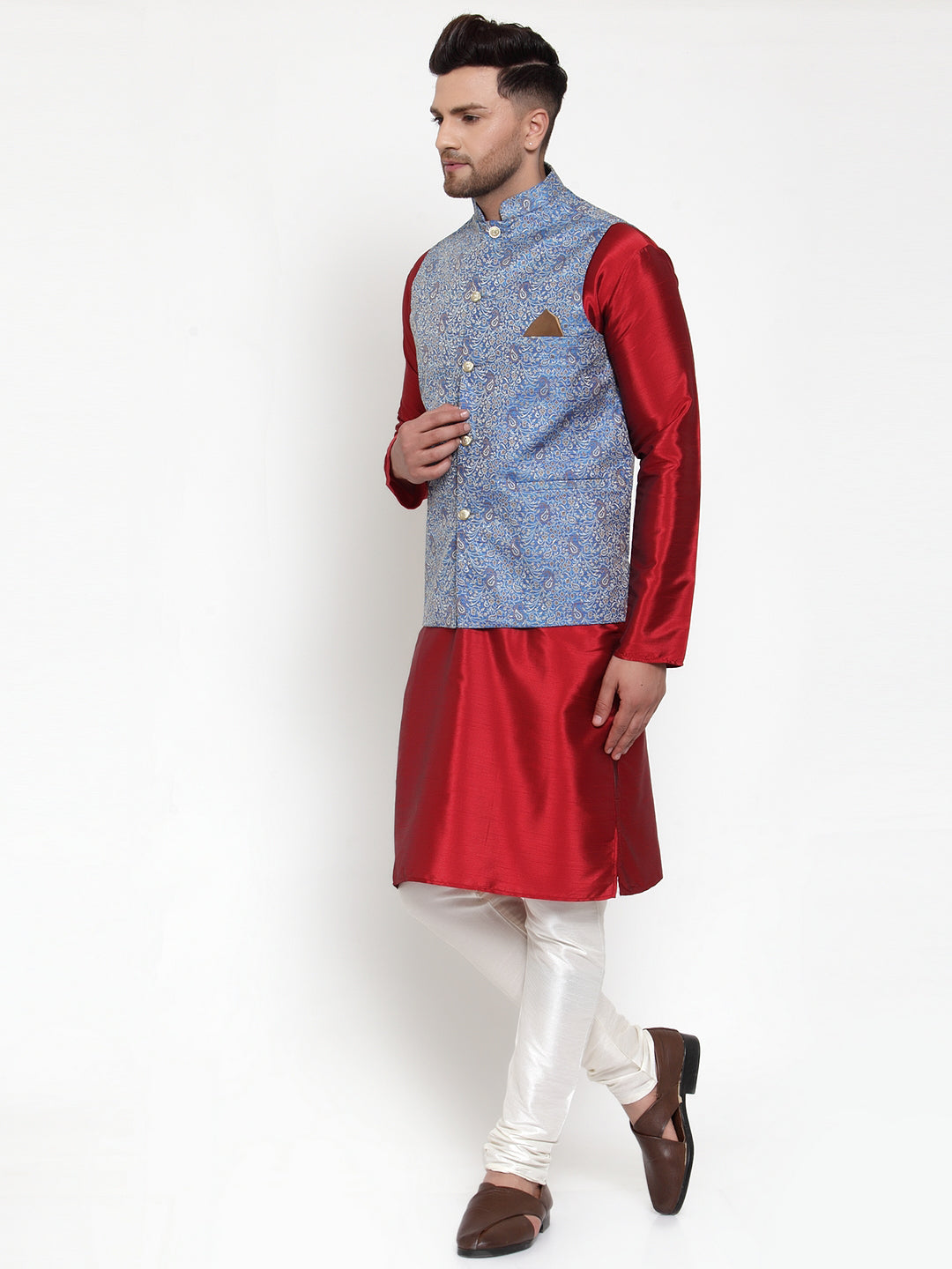 Jompers Men's Solid Dupion Kurta Pajama with Woven Jacqaurd Nehru Blue Jacket