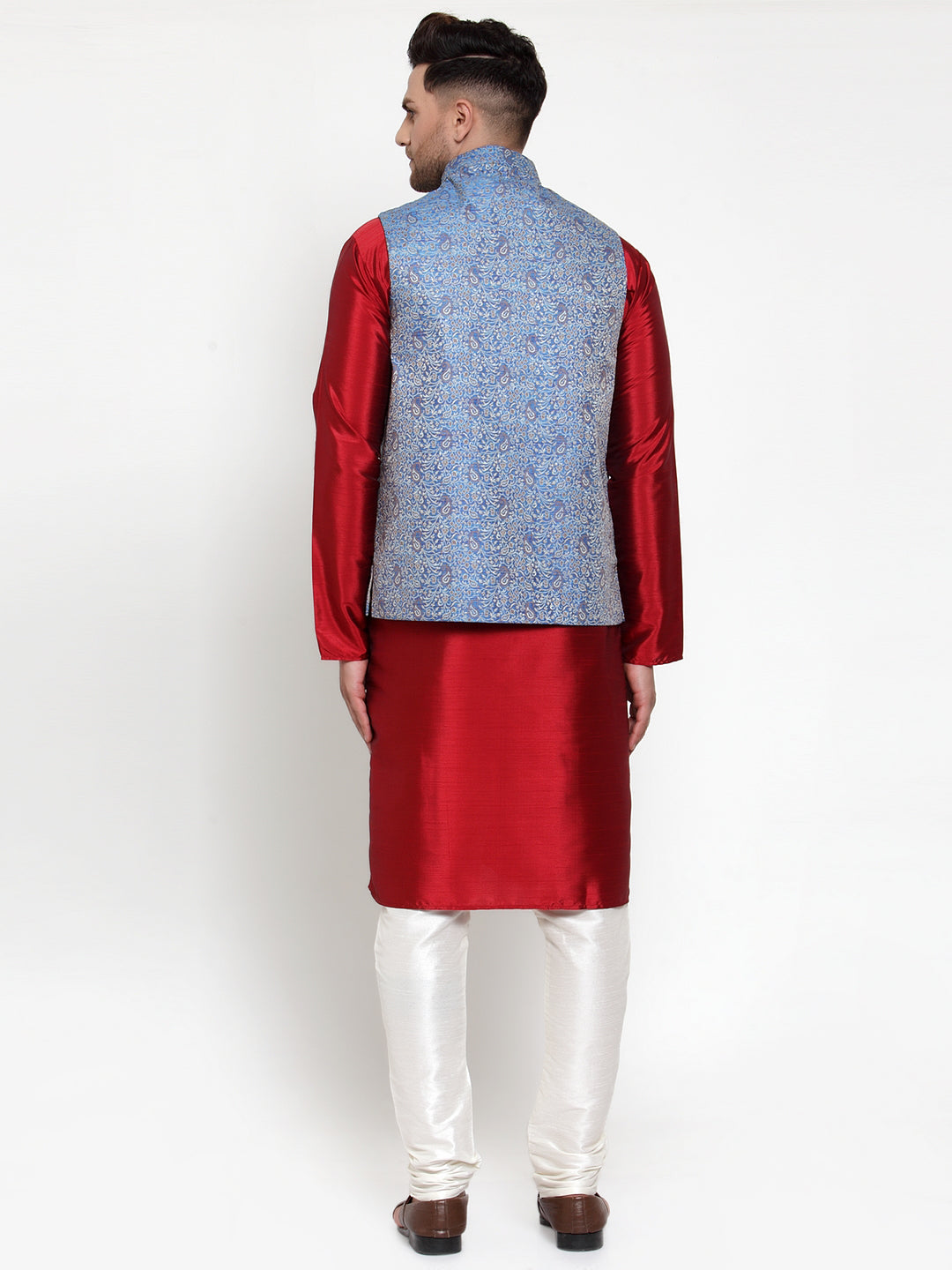 Jompers Men's Solid Dupion Kurta Pajama with Woven Jacqaurd Nehru Blue Jacket