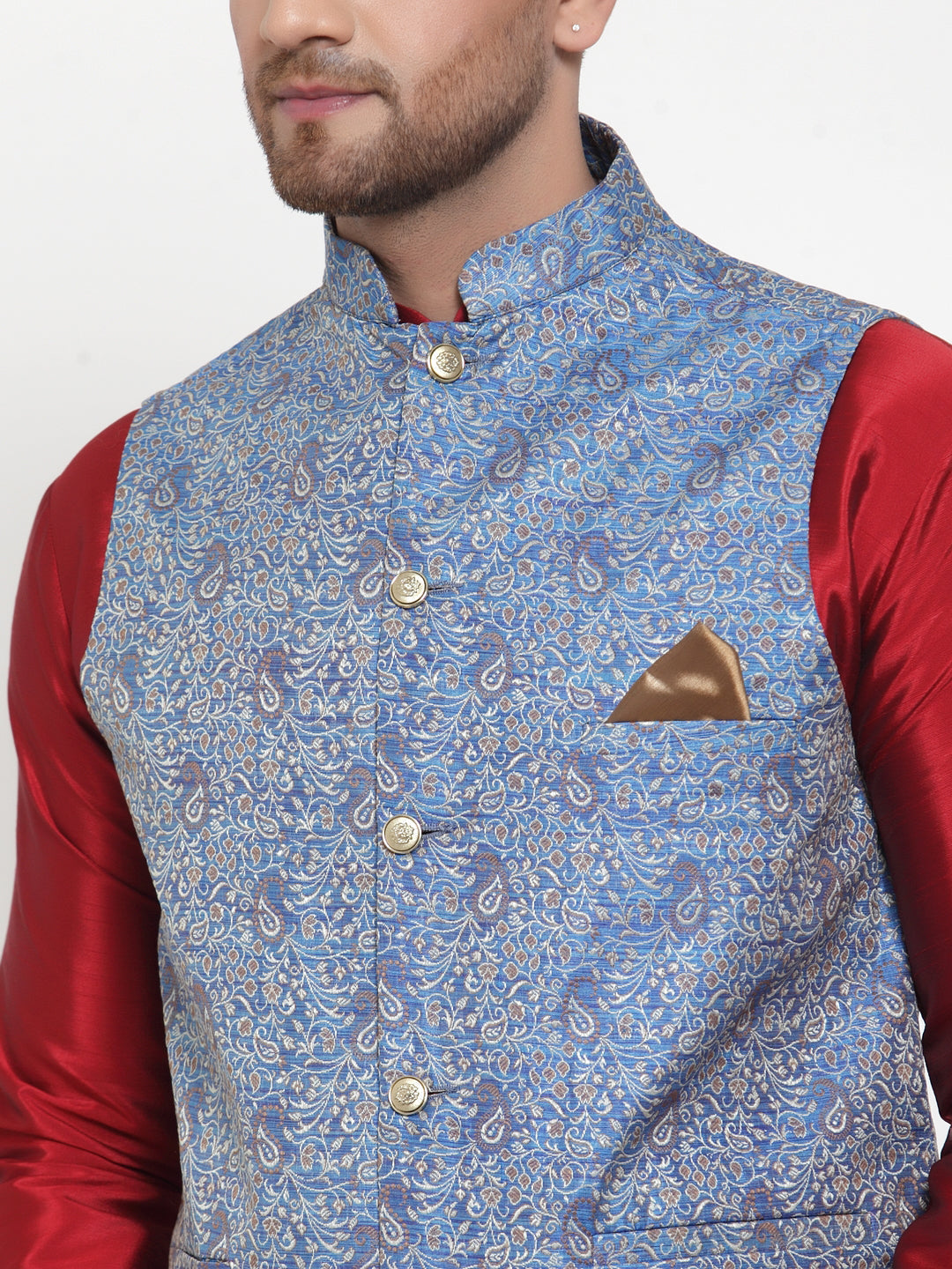 Jompers Men's Solid Dupion Kurta Pajama with Woven Jacqaurd Nehru Blue Jacket