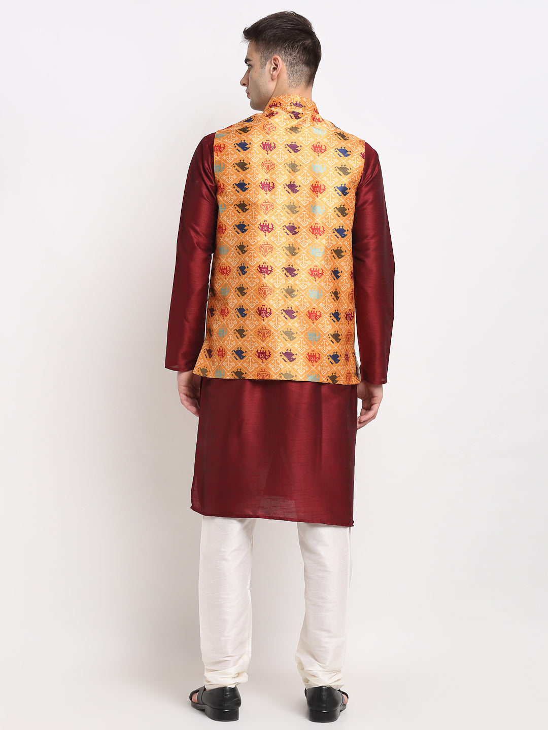Jompers Men's Maroon Dupion Silk Kurta with Churidar&Nehru Jacket(Orange)