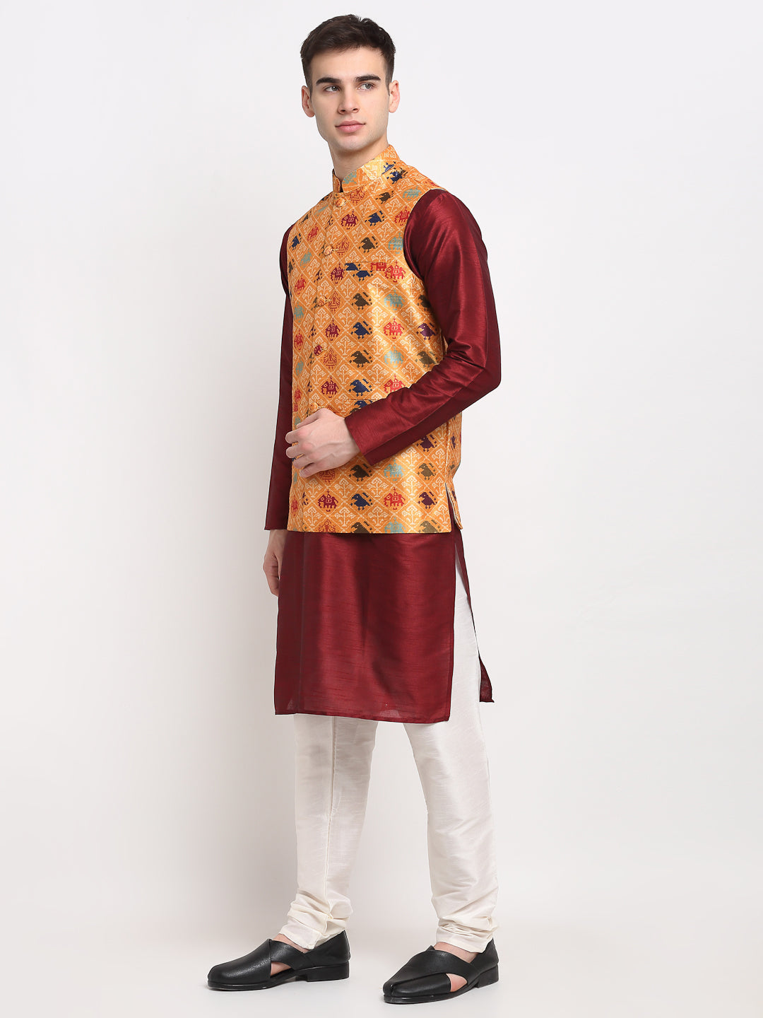 Jompers Men's Maroon Dupion Silk Kurta with Churidar&Nehru Jacket(Orange)