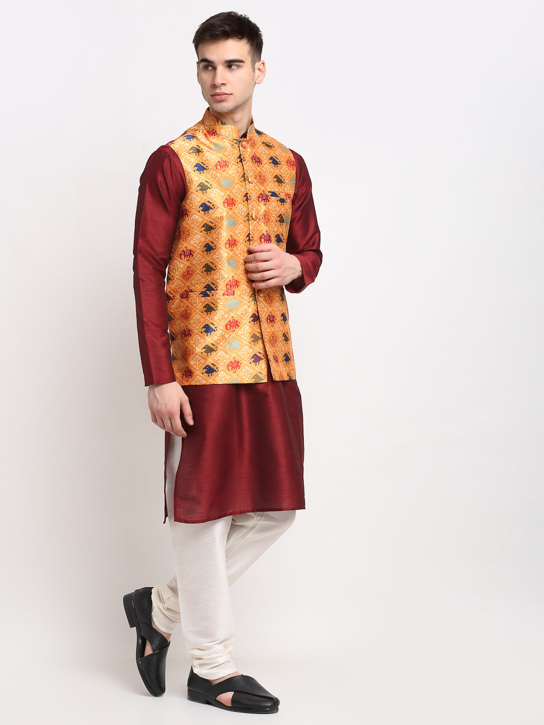 Jompers Men's Maroon Dupion Silk Kurta with Churidar&Nehru Jacket(Orange)