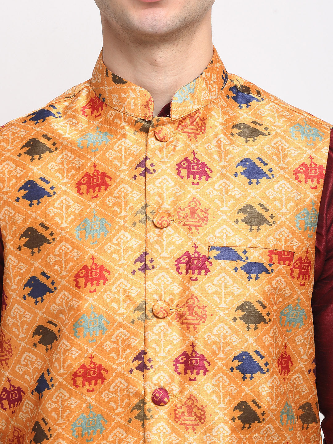 Jompers Men's Maroon Dupion Silk Kurta with Churidar&Nehru Jacket(Orange)