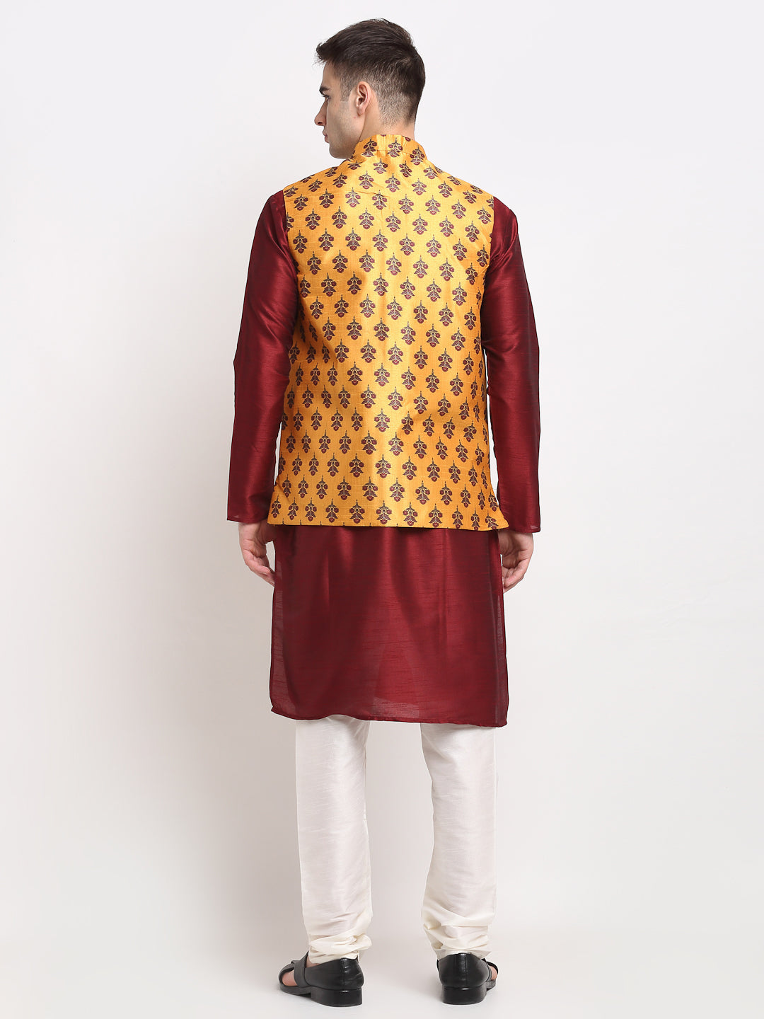 Jompers Men's Maroon Dupion Silk Kurta with Churidar& Nehru Jacket(Yellow)
