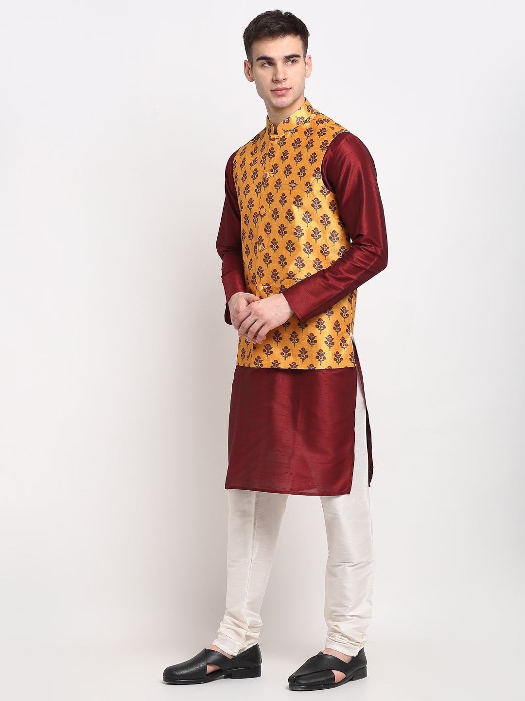 Jompers Men's Maroon Dupion Silk Kurta with Churidar& Nehru Jacket(Yellow)