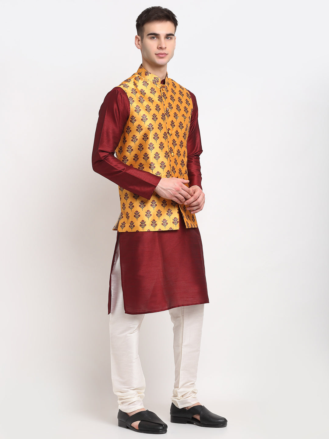 Jompers Men's Maroon Dupion Silk Kurta with Churidar& Nehru Jacket(Yellow)
