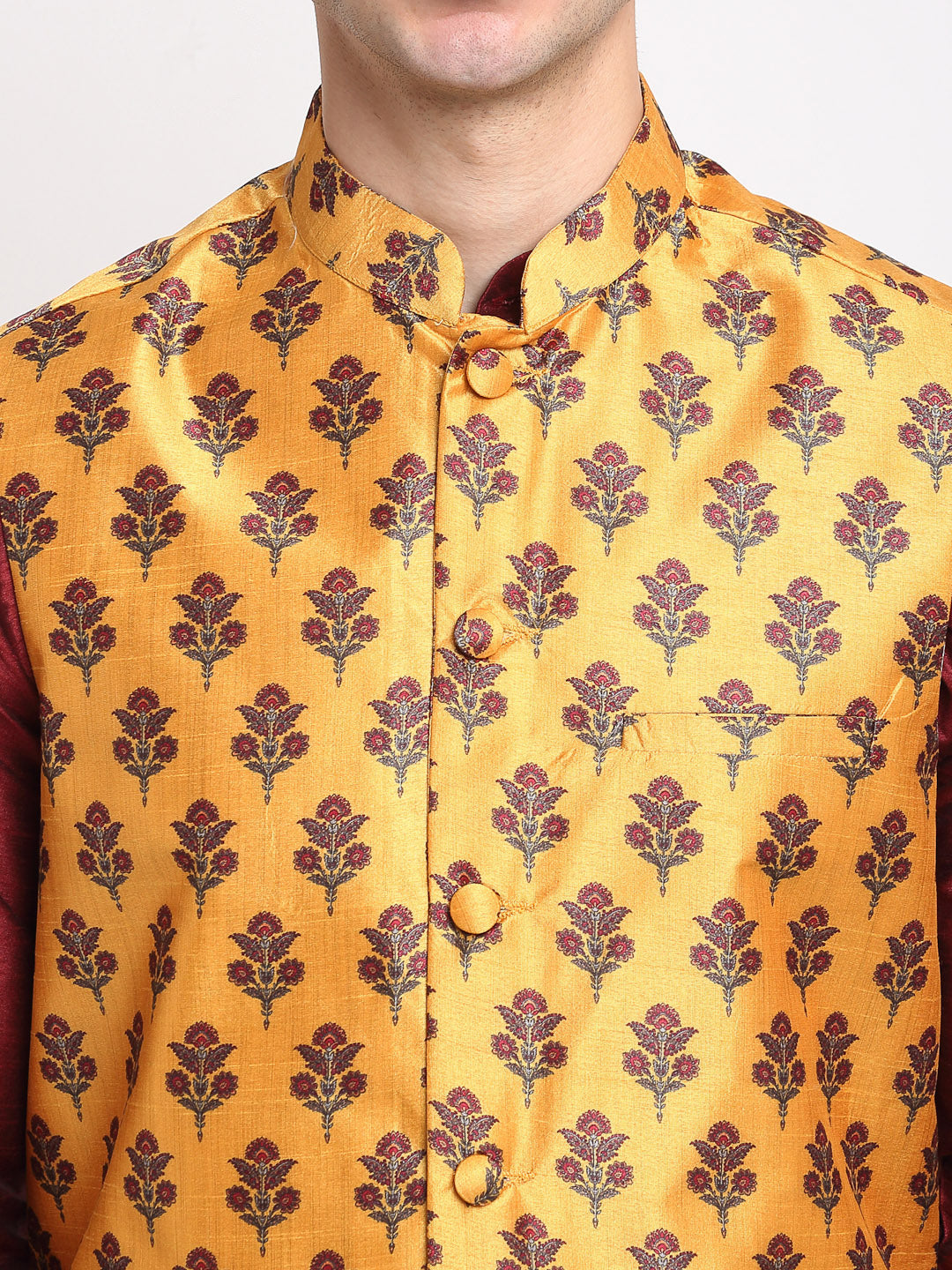 Jompers Men's Maroon Dupion Silk Kurta with Churidar& Nehru Jacket(Yellow)