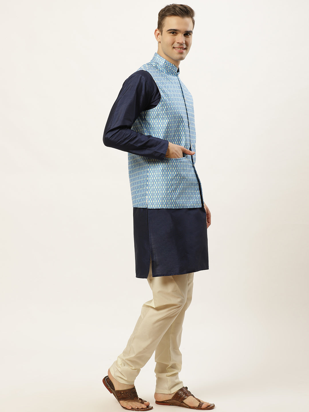 Jompers Men's Ikat Printed Nehru Jacket and Kurta Pyjama Set - Sky Blue