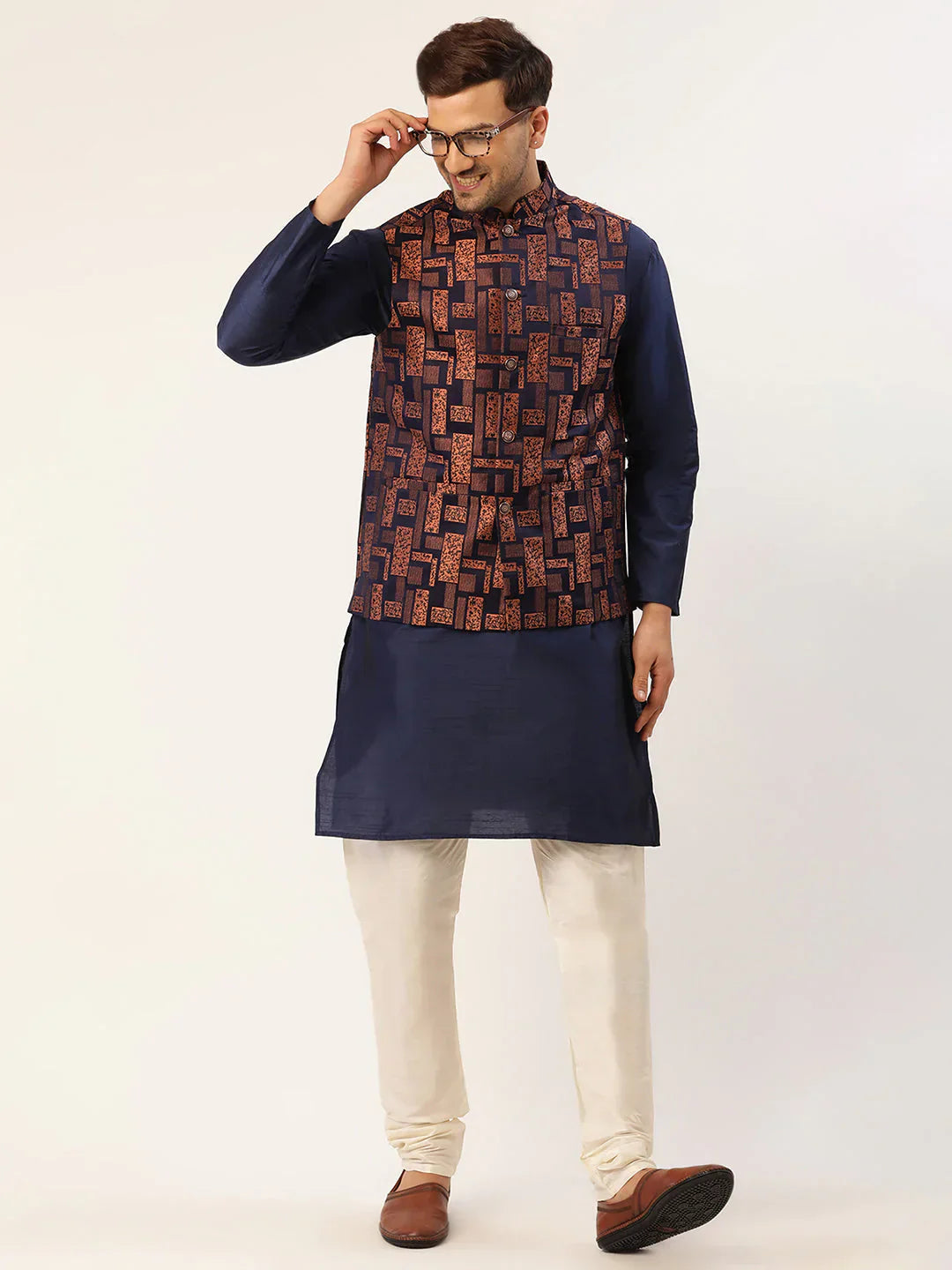 Jompers Men's Solid Kurta Pyjama With Bronze Woven Design Nehru Jacket