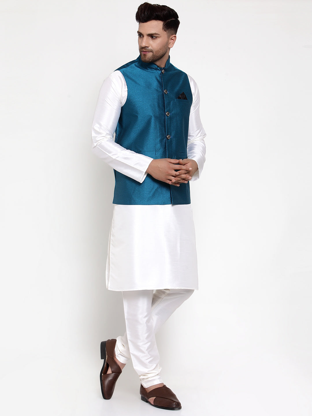 Jompers Men's Solid Dupion Kurta Pajama with Woven Nehru Jacket (Blue)
