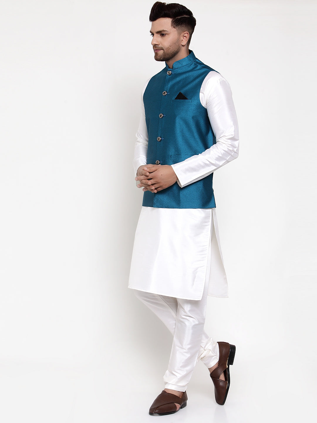Jompers Men's Solid Dupion Kurta Pajama with Woven Nehru Jacket (Blue)