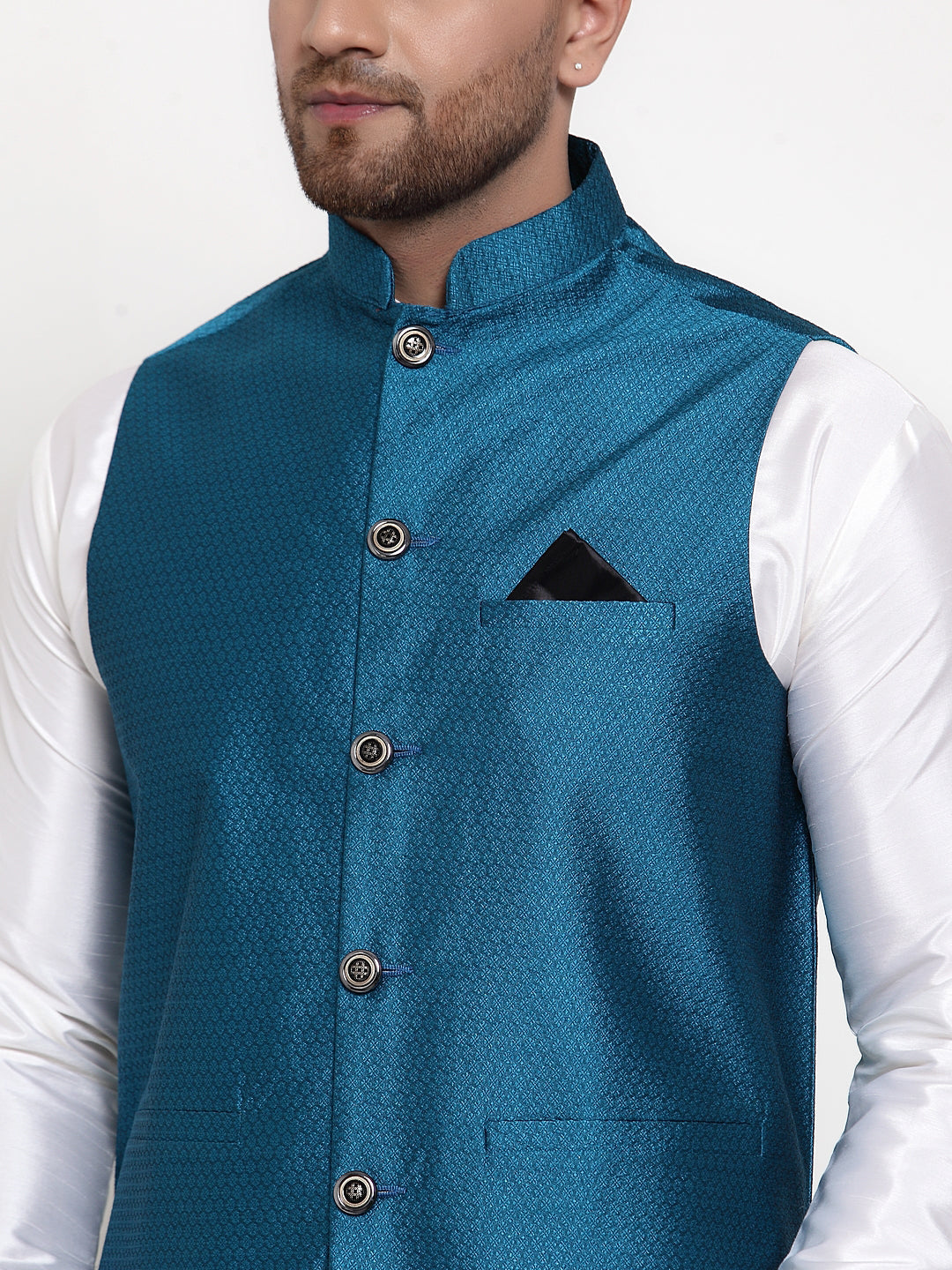 Jompers Men's Solid Dupion Kurta Pajama with Woven Nehru Jacket (Blue)