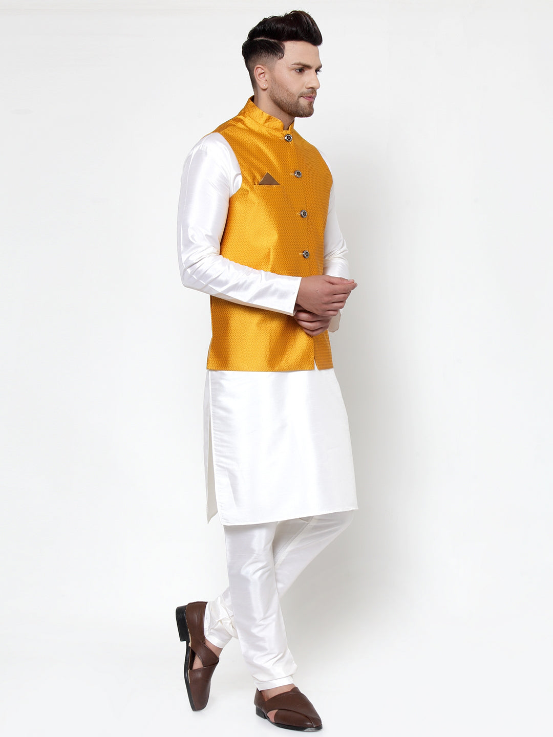 Jompers Men Solid Dupion Kurta Pajama with Woven Nehru Jacket (Yellow)