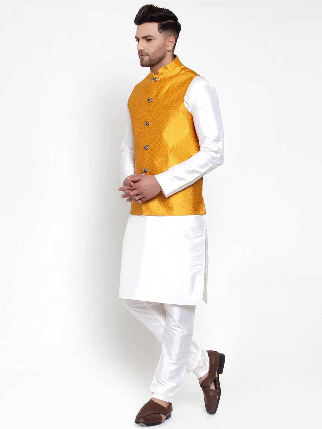 Jompers Men Solid Dupion Kurta Pajama with Woven Nehru Jacket (Yellow)
