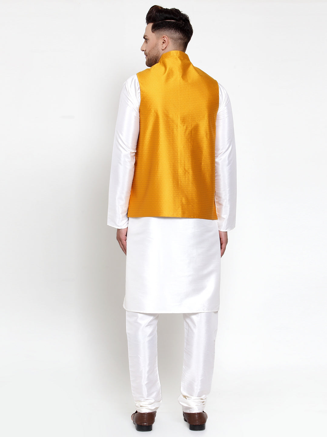 Jompers Men Solid Dupion Kurta Pajama with Woven Nehru Jacket (Yellow)