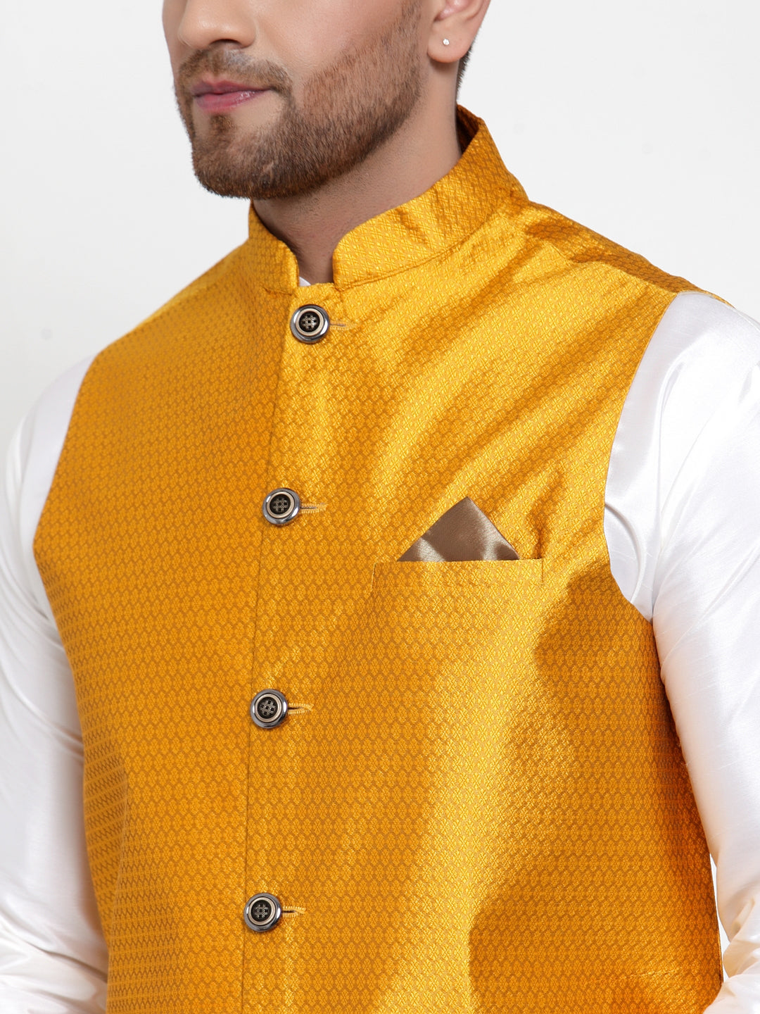 Jompers Men Solid Dupion Kurta Pajama with Woven Nehru Jacket (Yellow)