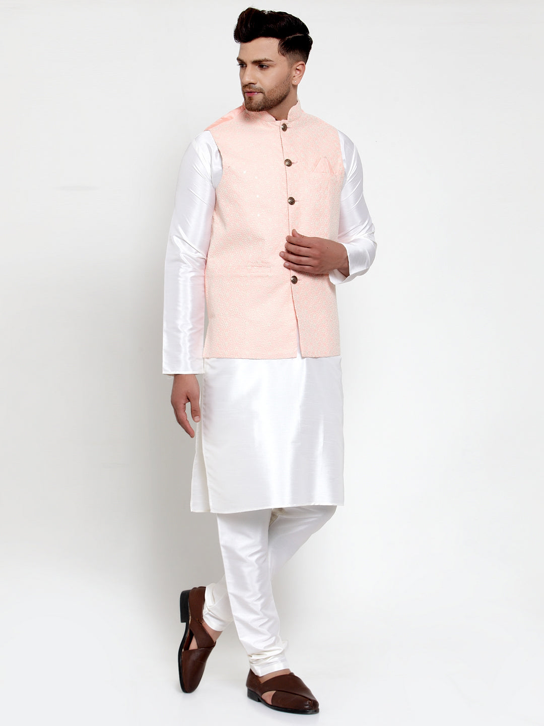 Jompers Men's Solid Dupion Kurta Pajama with Embroiderd Nehru Pink Jacket