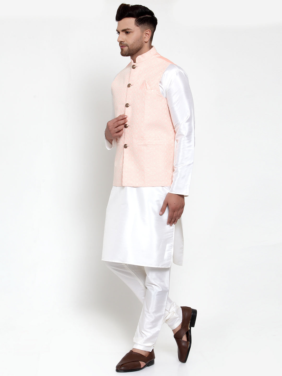 Jompers Men's Solid Dupion Kurta Pajama with Embroiderd Nehru Pink Jacket