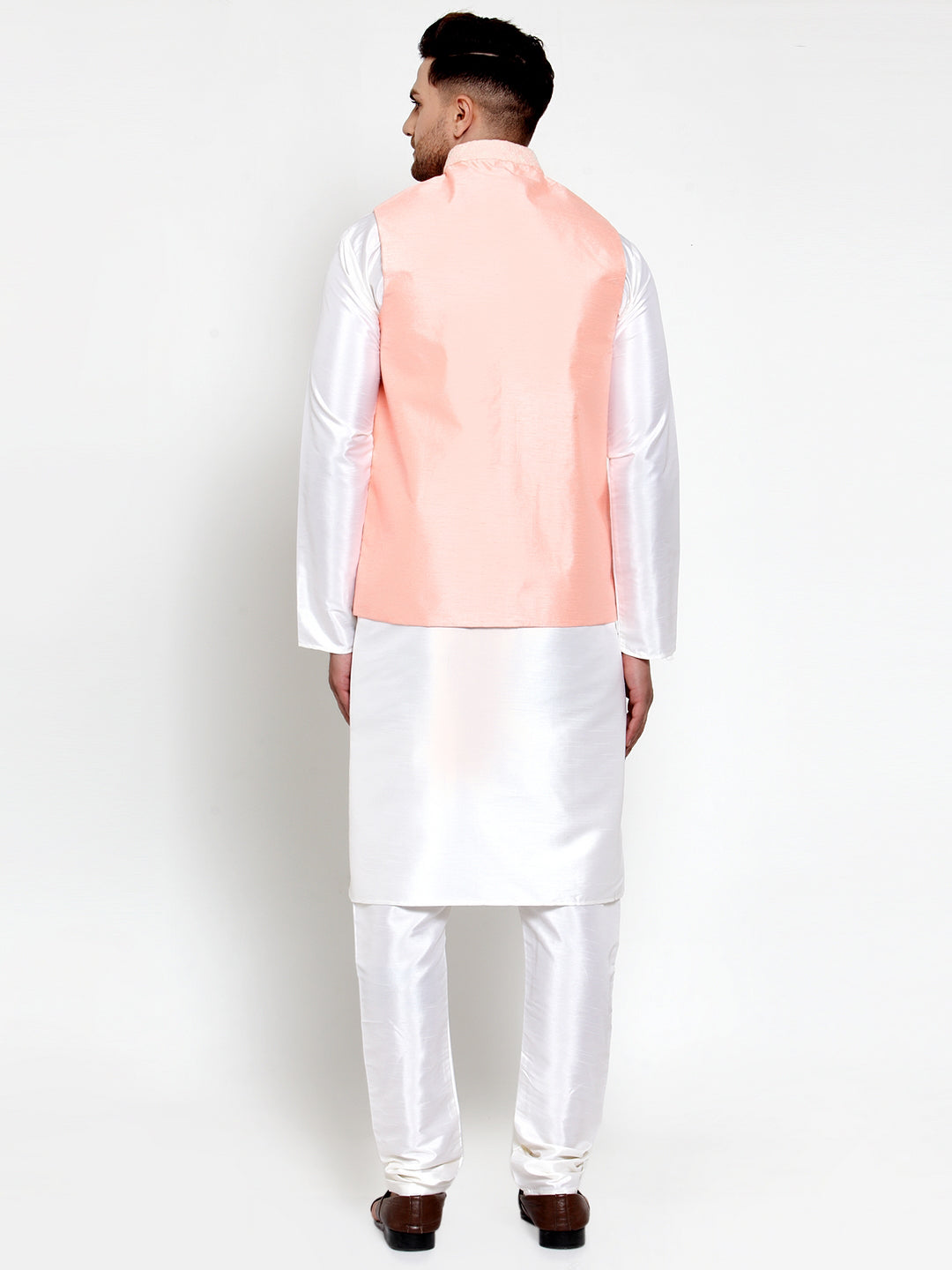 Jompers Men's Solid Dupion Kurta Pajama with Embroiderd Nehru Pink Jacket