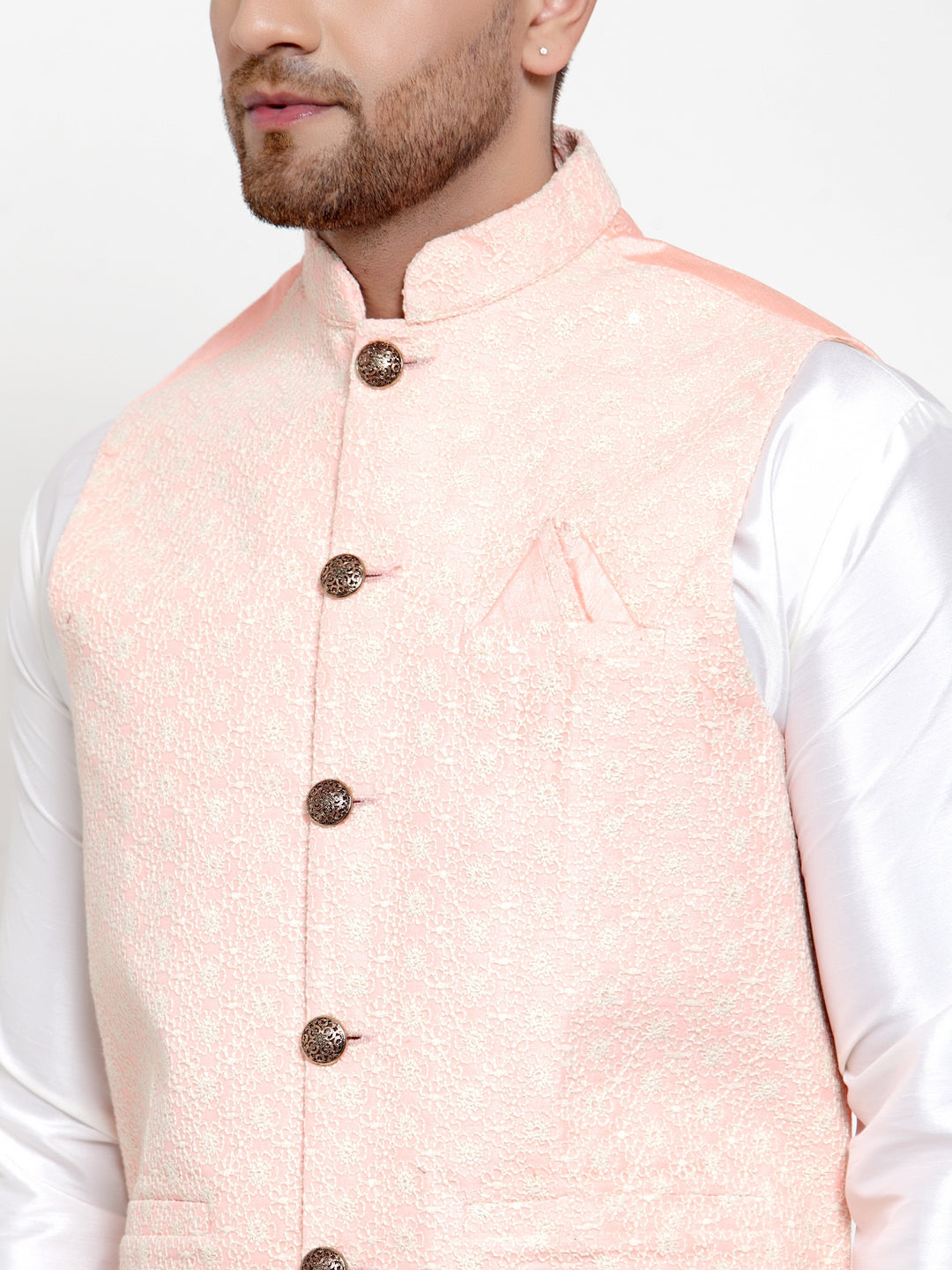 Jompers Men's Solid Dupion Kurta Pajama with Embroiderd Nehru Pink Jacket