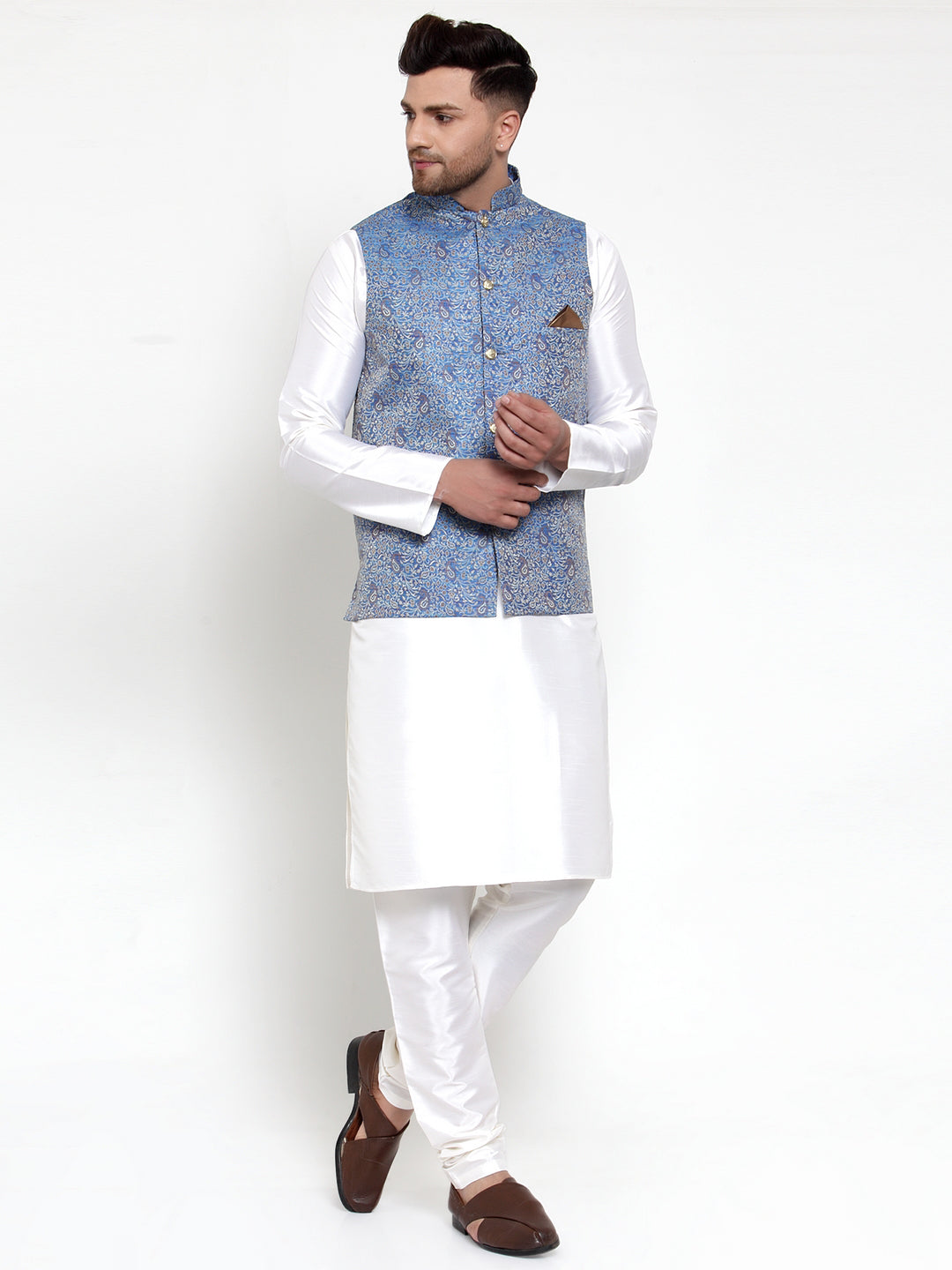 Jompers Men's Solid Dupion Kurta Pajama with Woven Jacqaurd Nehru Jacket (Blue)