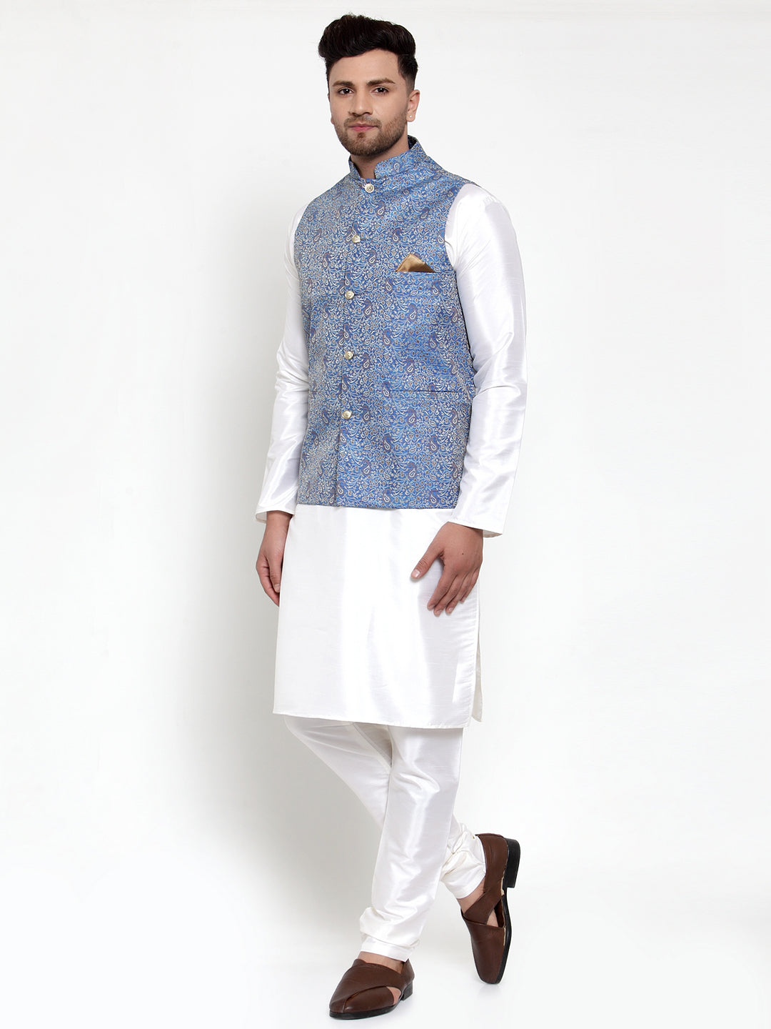 Jompers Men's Solid Dupion Kurta Pajama with Woven Jacqaurd Nehru Jacket (Blue)