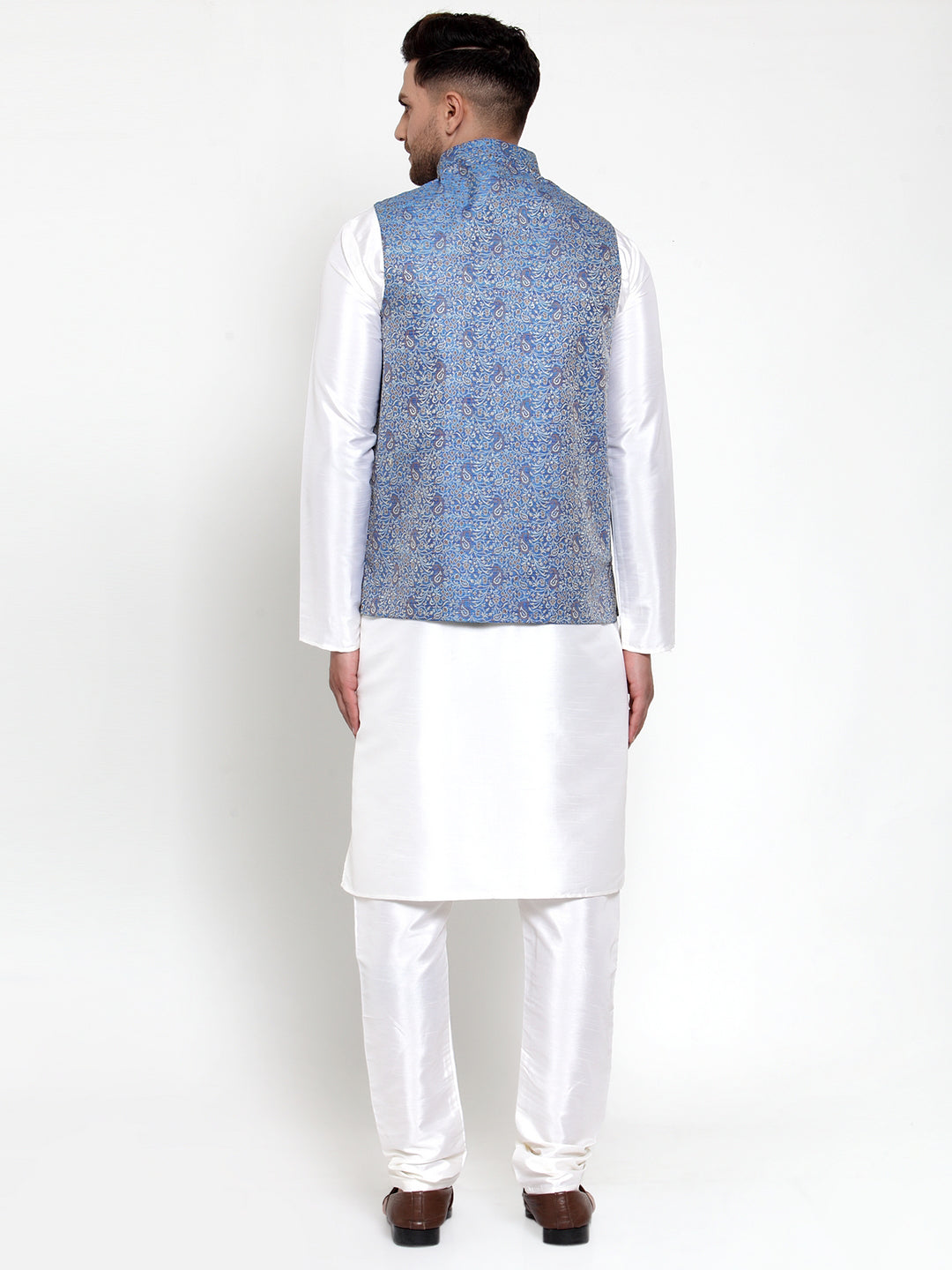 Jompers Men's Solid Dupion Kurta Pajama with Woven Jacqaurd Nehru Jacket (Blue)